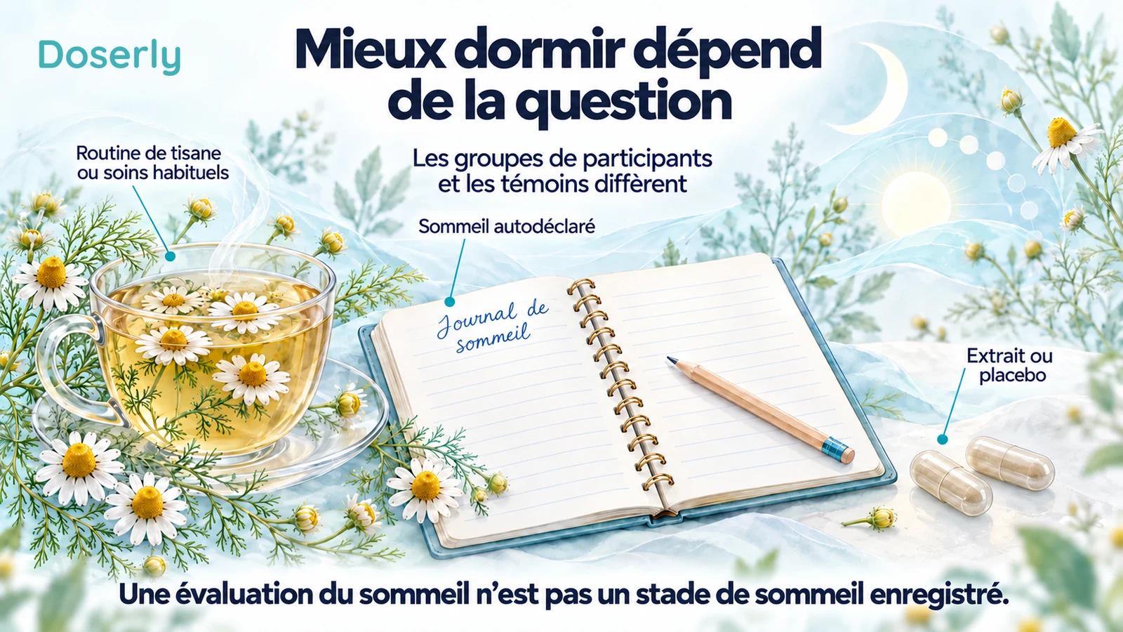 Une planche botanique de camomille avec une tisane, un journal de sommeil et une paire de capsules oppose les comparaisons avec les soins habituels et avec un placebo.