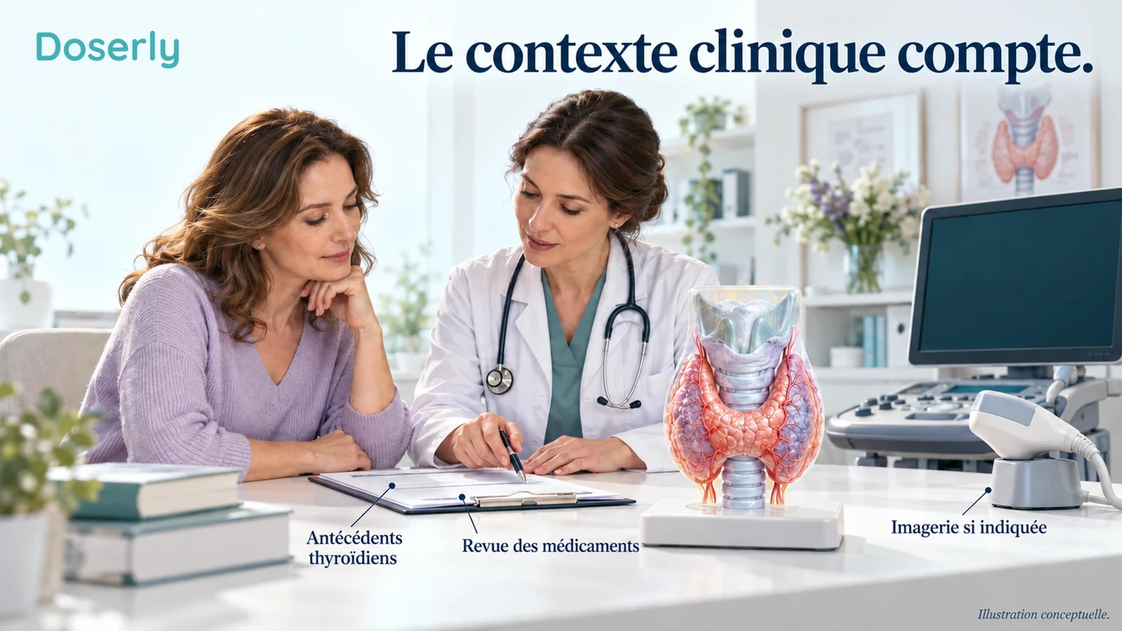 Un clinicien examine un dossier vierge avec une patiente à côté d’une sonde échographique et d’un modèle de thyroïde.