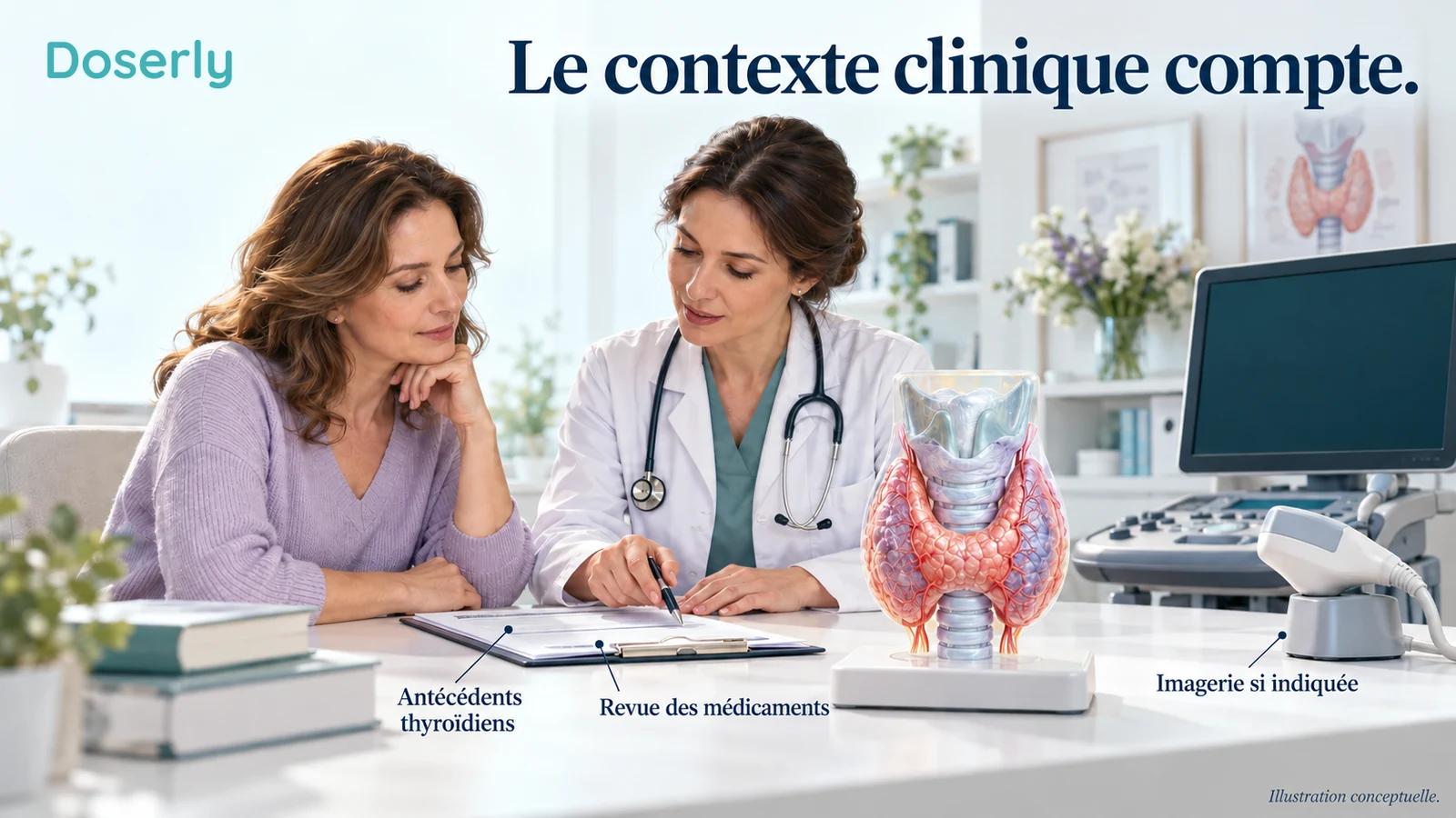Un clinicien examine un dossier vierge avec une patiente à côté d’une sonde échographique et d’un modèle de thyroïde.