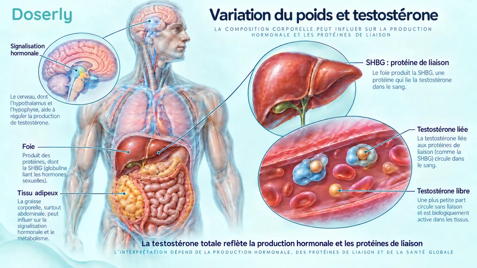 Une anatomie masculine translucide, un encadré du foie et une illustration de vaisseau sanguin distinguent la production hormonale de la liaison de la testostérone à la SHBG.