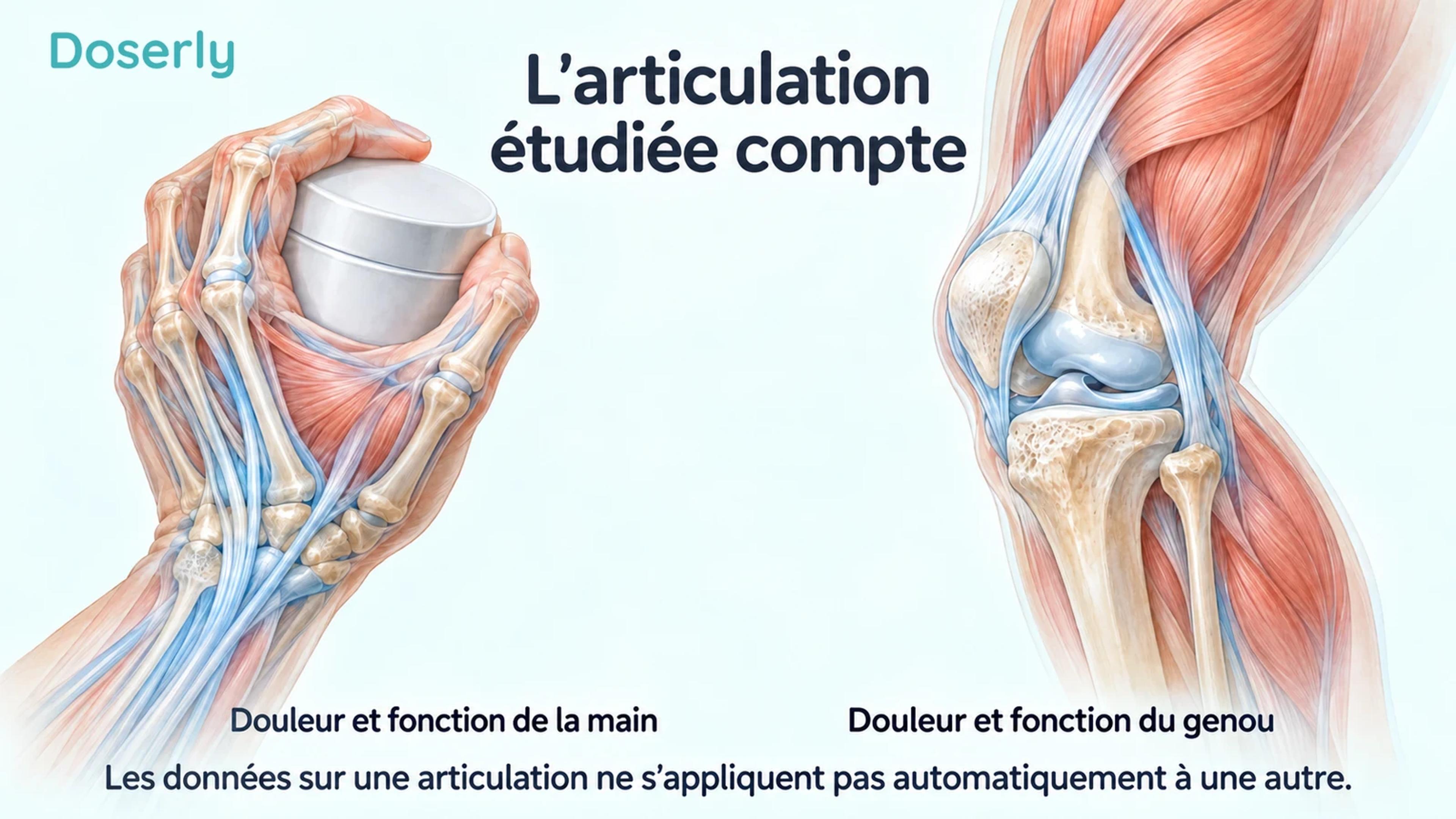 Une main anatomique translucide saisit un couvercle de pot à côté d’un genou illustré, pour distinguer les articulations étudiées.
