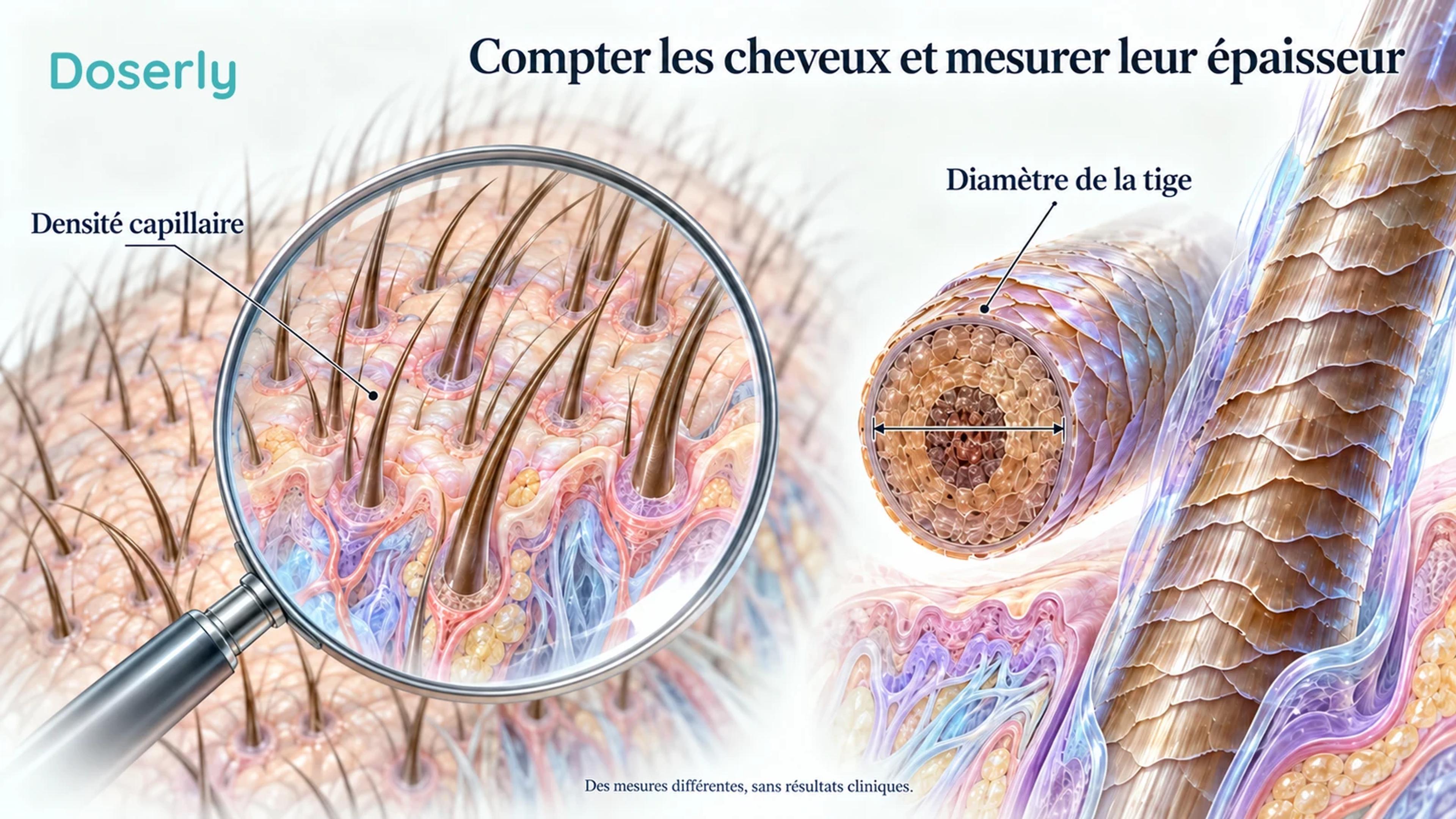 Cheveux du cuir chevelu agrandis à côté d’une coupe agrandie de tige capillaire avec un repère de diamètre.