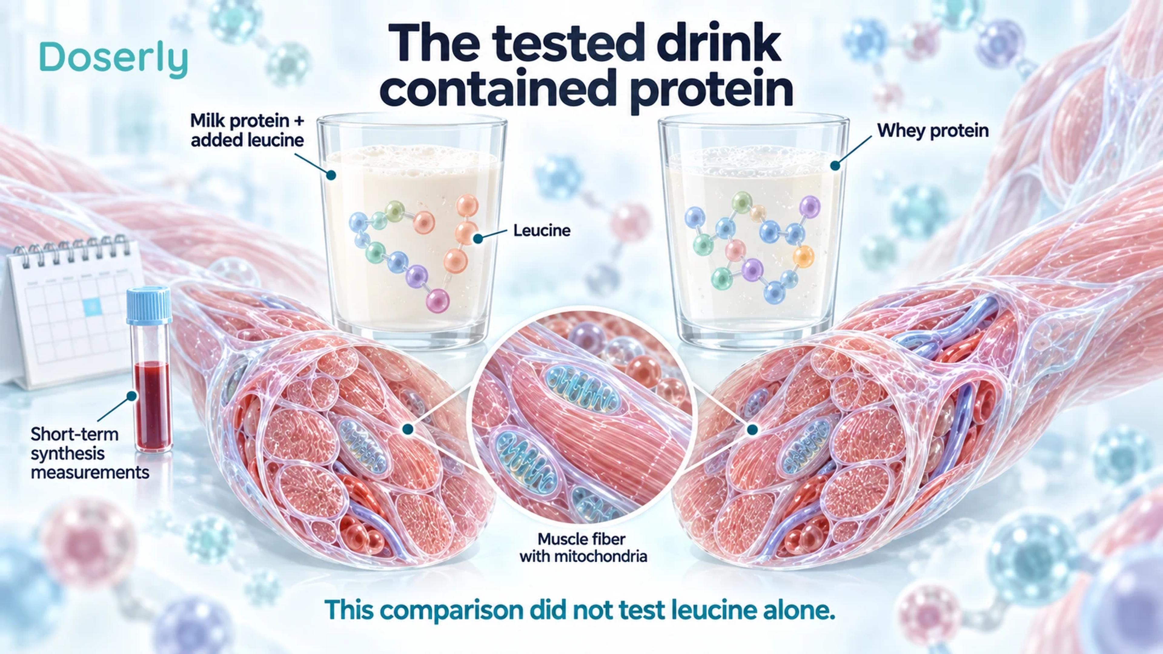 Milk protein with added leucine and whey protein are shown as distinct drinks beside conceptual muscle fibers and sampling equipment.