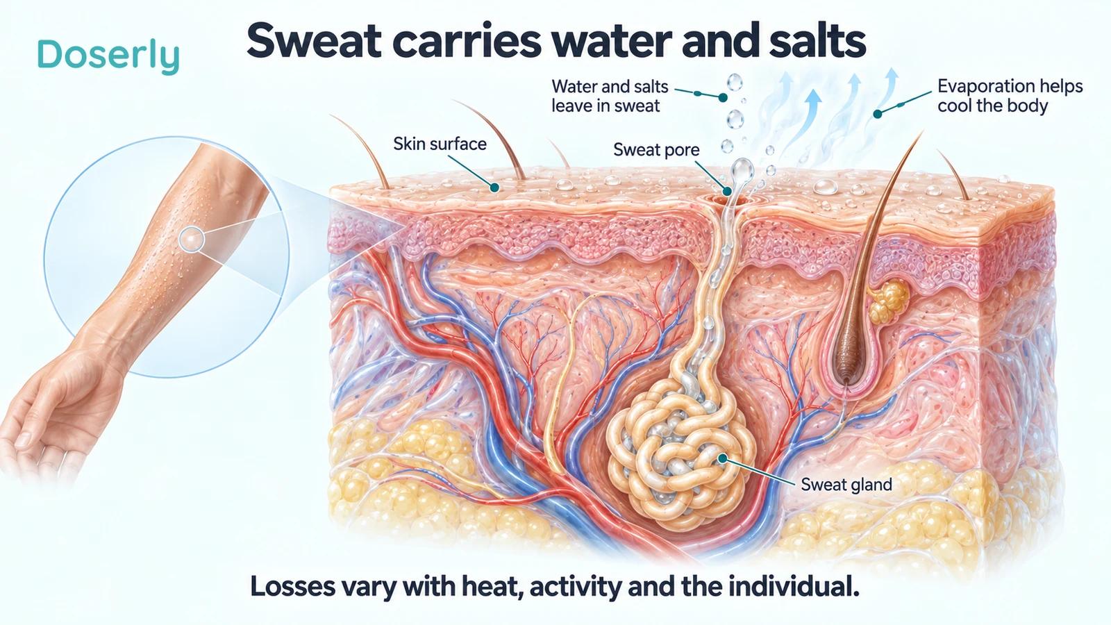 Detailed skin cutaway showing a coiled sweat gland, duct, skin pore and evaporating sweat.