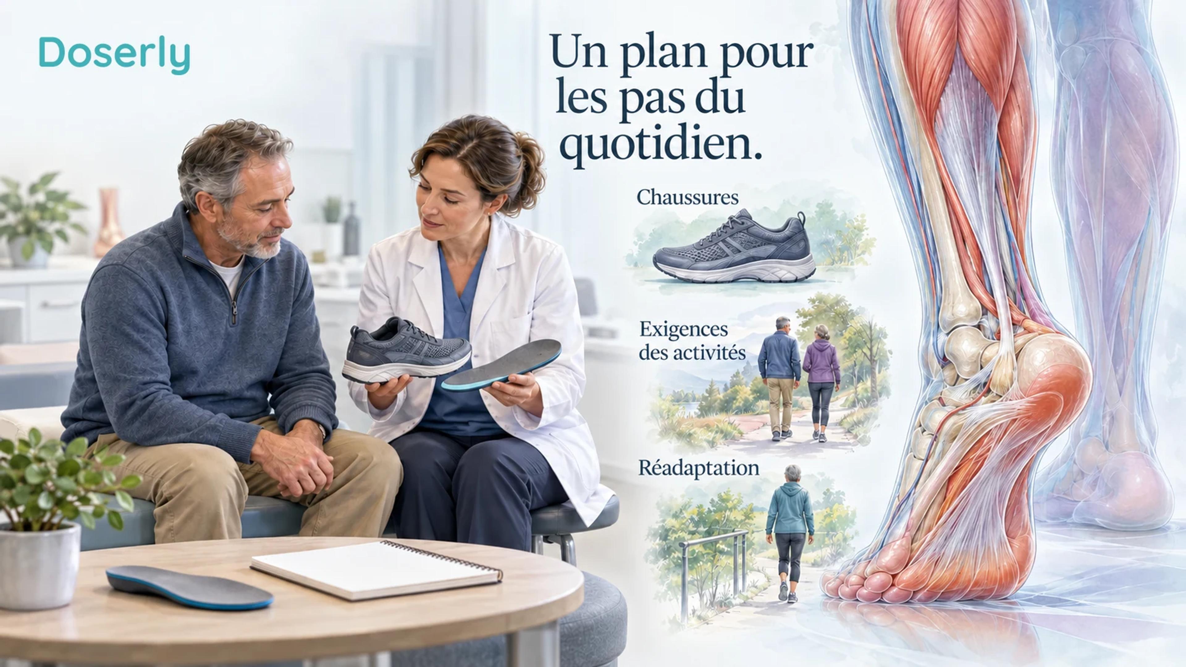Une consultation en podiatrie avec une chaussure, une semelle amovible et une vignette anatomique du pied et du mollet représentant un plan combiné contre la douleur au talon.