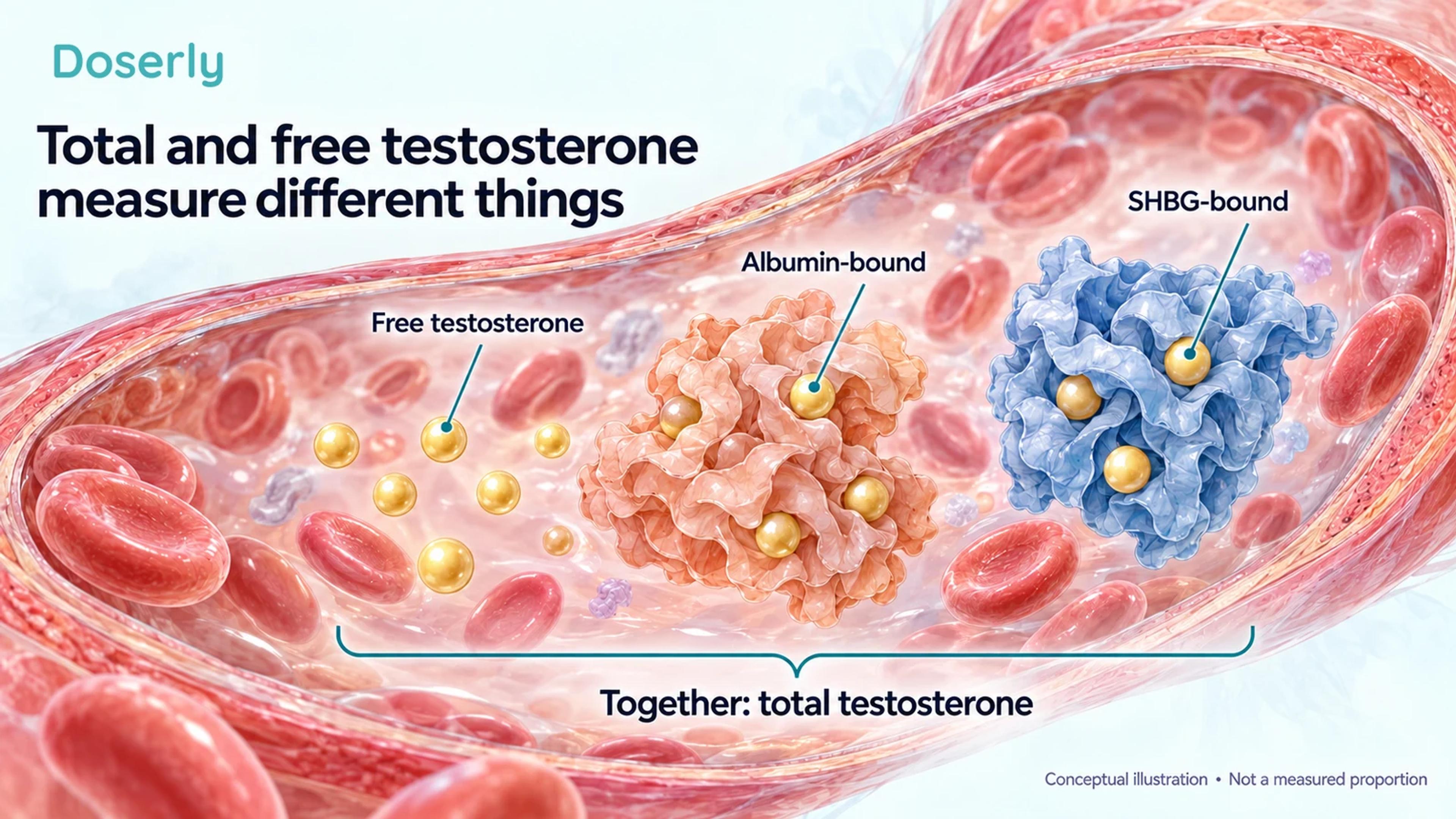 A conceptual blood-vessel illustration separates free testosterone from albumin-bound and SHBG-bound testosterone, all included in the total.