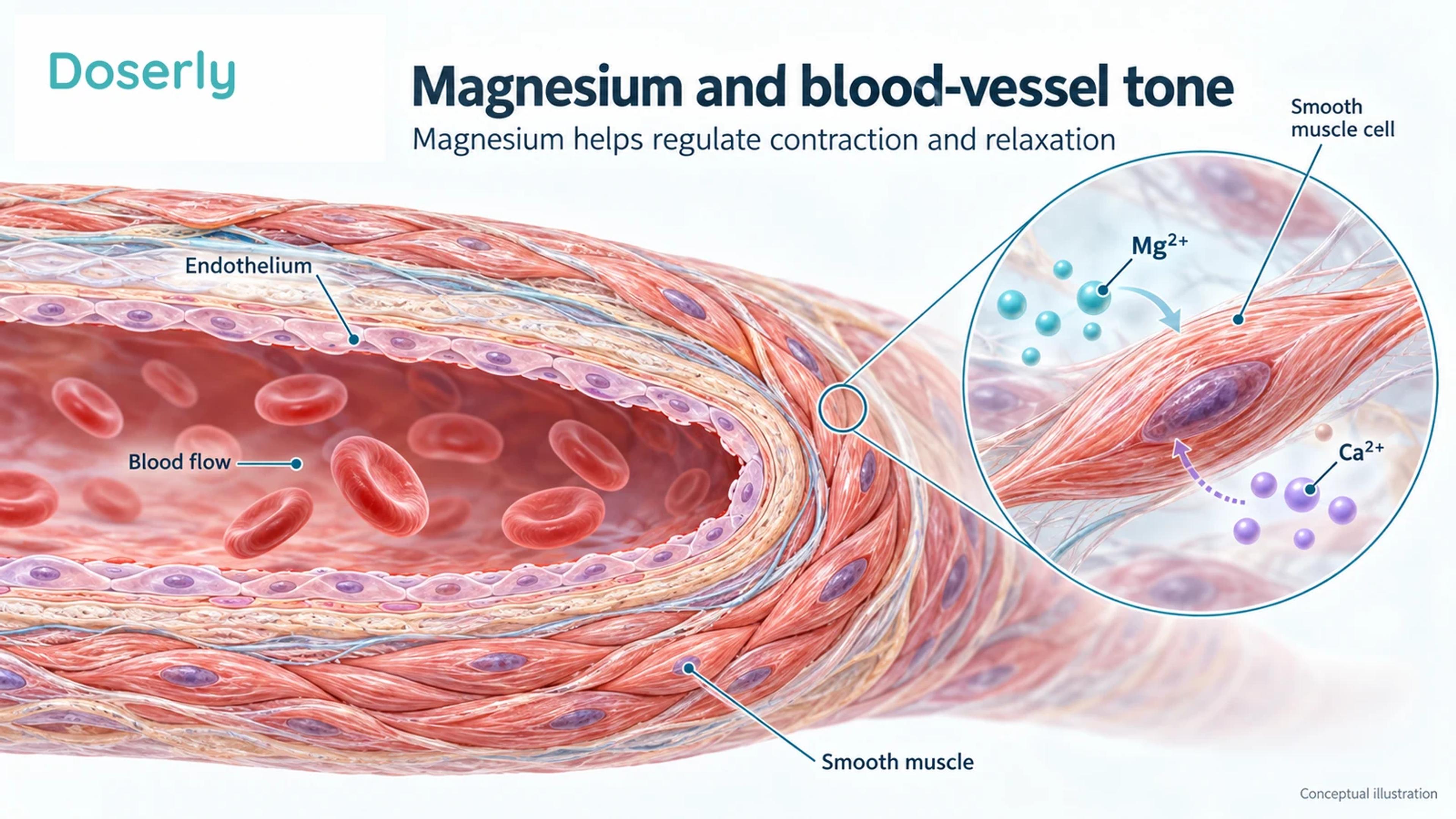 A detailed artery cutaway shows its endothelial lining, smooth muscle and circulating red cells, with an enlarged cell illustrating magnesium and calcium signaling.