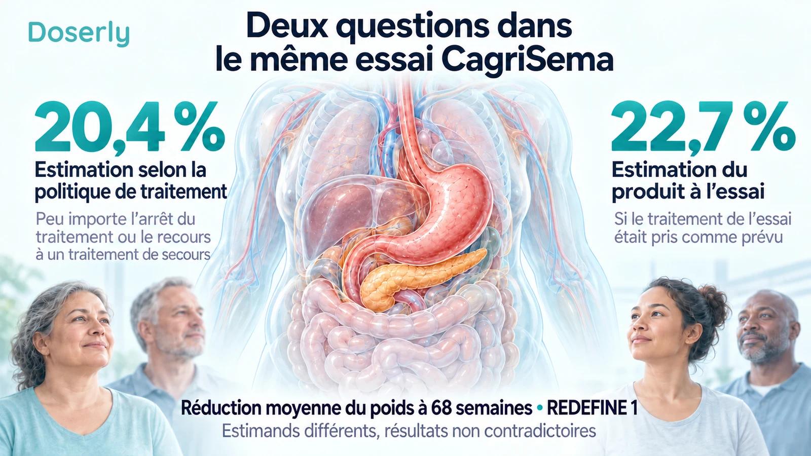 Une anatomie digestive détaillée et des participants fictifs à côté des deux estimations de REDEFINE 1 et de leurs définitions.