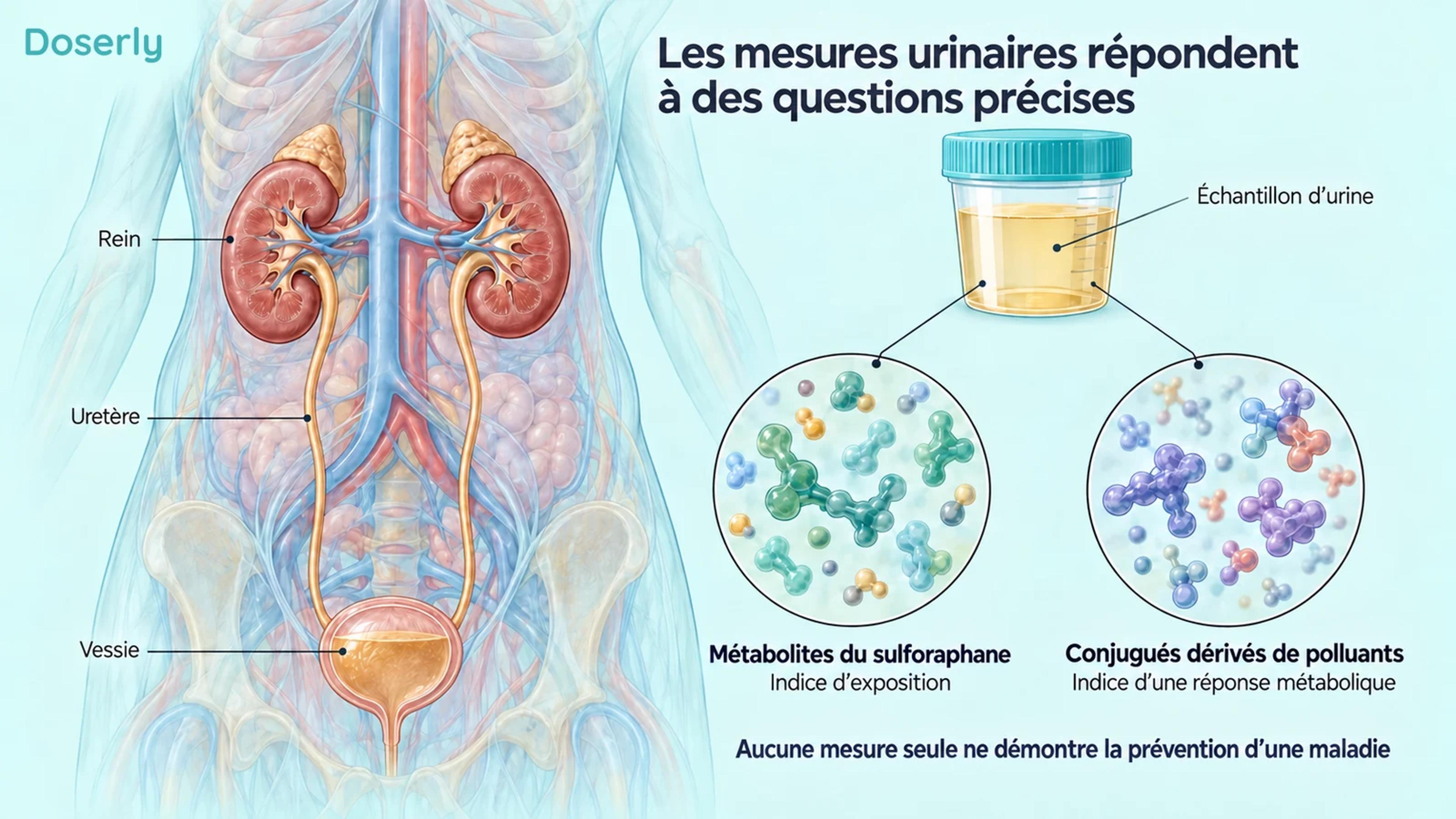 Les reins, les uretères, la vessie et un échantillon d’urine distinguent les métabolites du sulforaphane des conjugués dérivés de polluants.