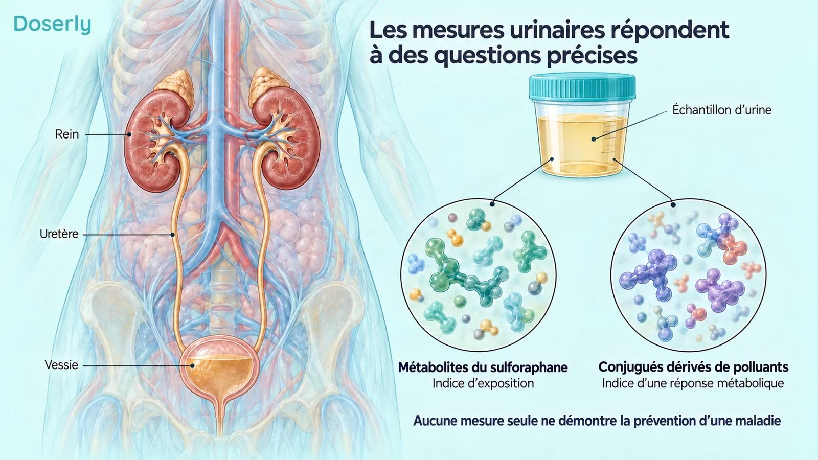 Les reins, les uretères, la vessie et un échantillon d’urine distinguent les métabolites du sulforaphane des conjugués dérivés de polluants.