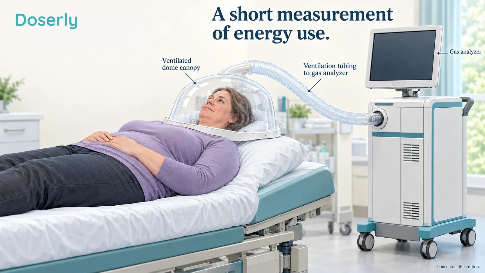 A conceptual indirect calorimetry assessment shows a resting adult under a ventilated transparent canopy connected to gas-analysis equipment.
