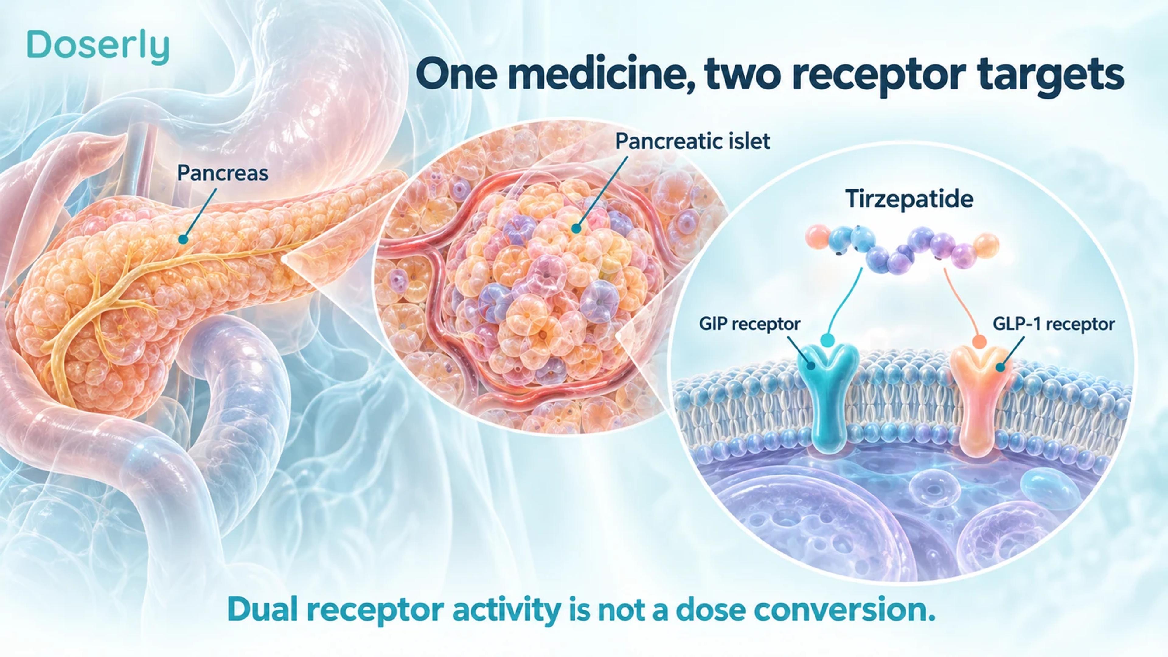 Detailed pancreas and islet with conceptual GIP and GLP-1 receptors activated by tirzepatide.
