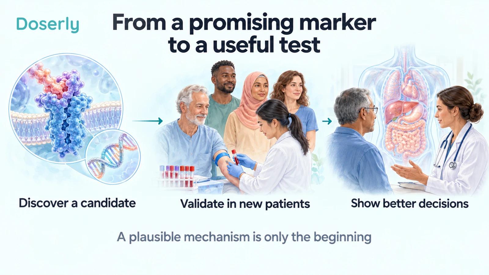 Illustrated discovery, validation and clinical discussion show the steps from a candidate marker to a useful test