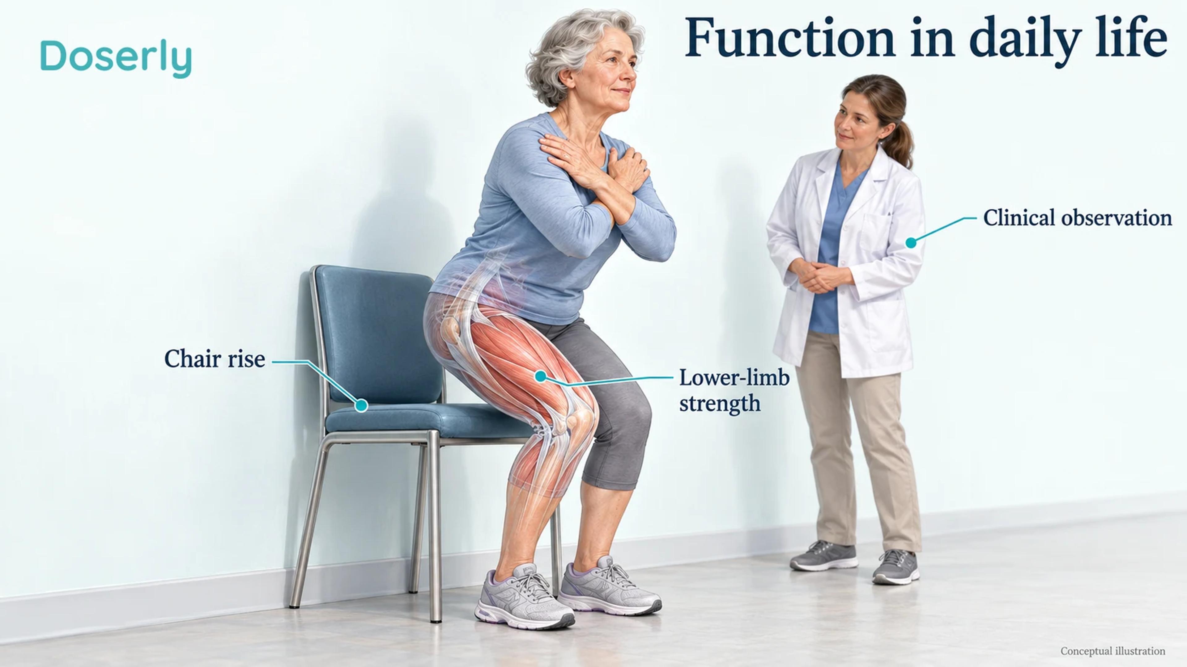 An older adult begins a chair rise while a clinician observes in a clear assessment space.