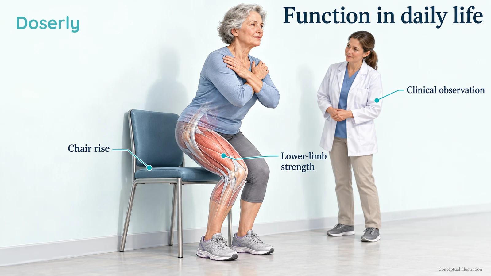 An older adult begins a chair rise while a clinician observes in a clear assessment space.