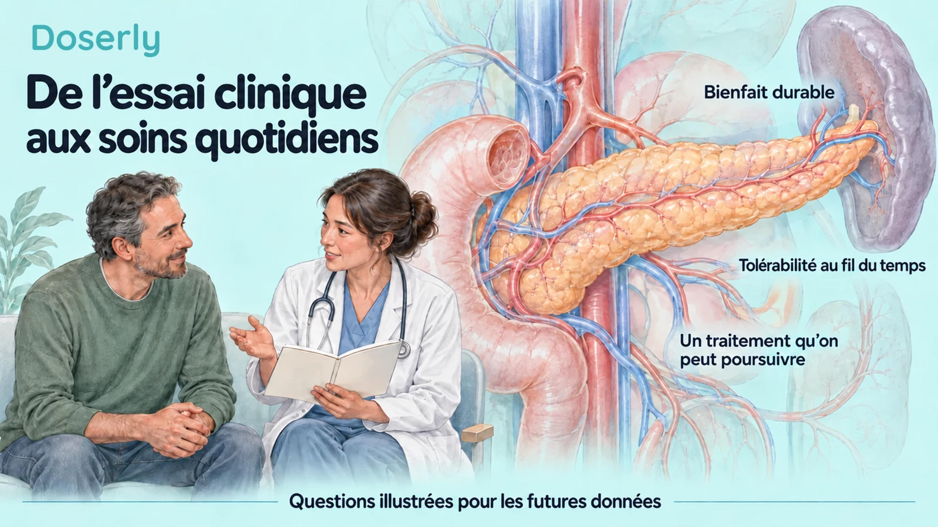 Illustration d’une conversation clinique à côté d’une représentation conceptuelle de l’anatomie du pancréas et de questions pour les futures données.