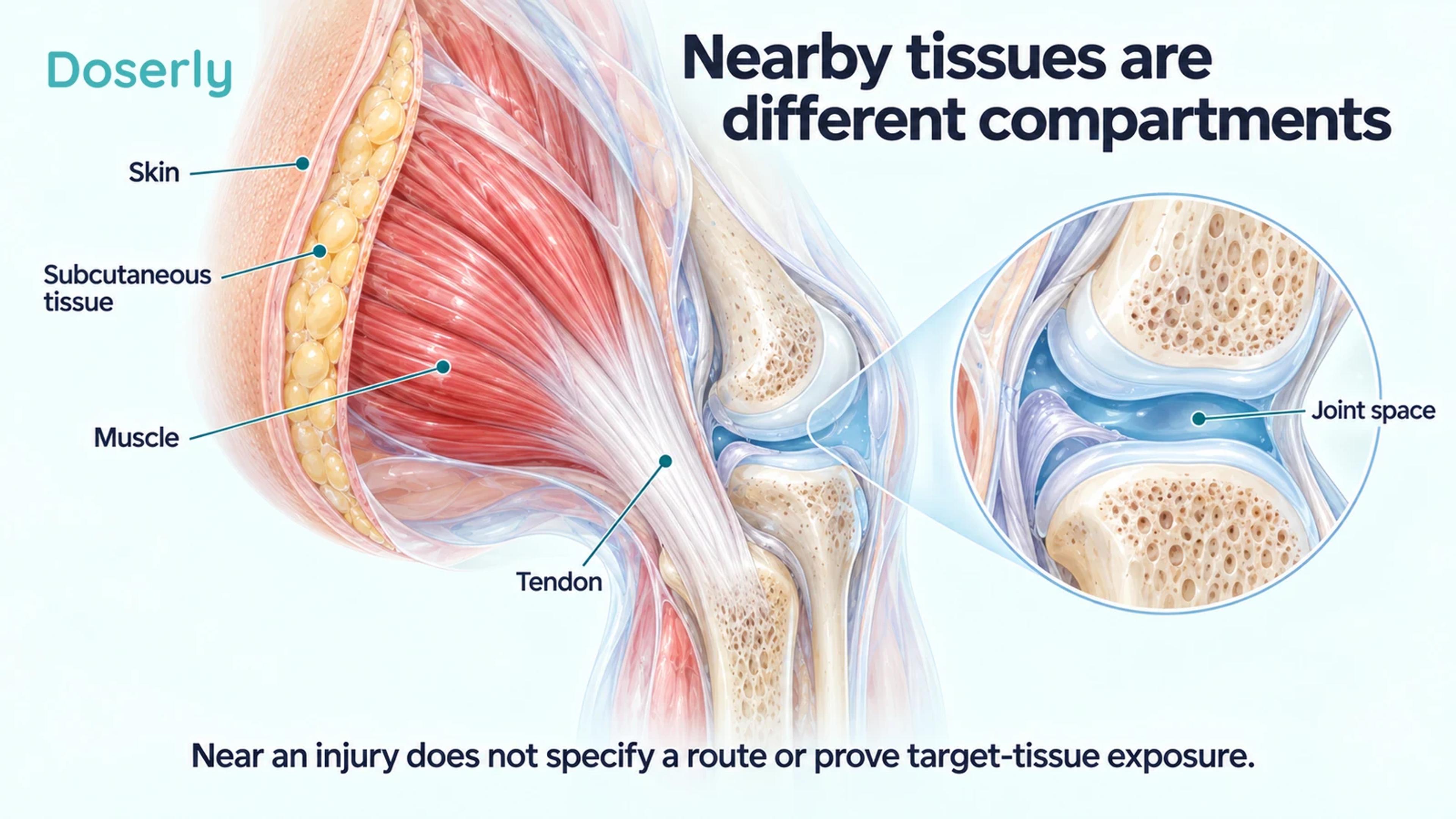 Layered knee-region anatomy identifies skin, subcutaneous tissue, muscle, tendon and a separate joint-space inset.