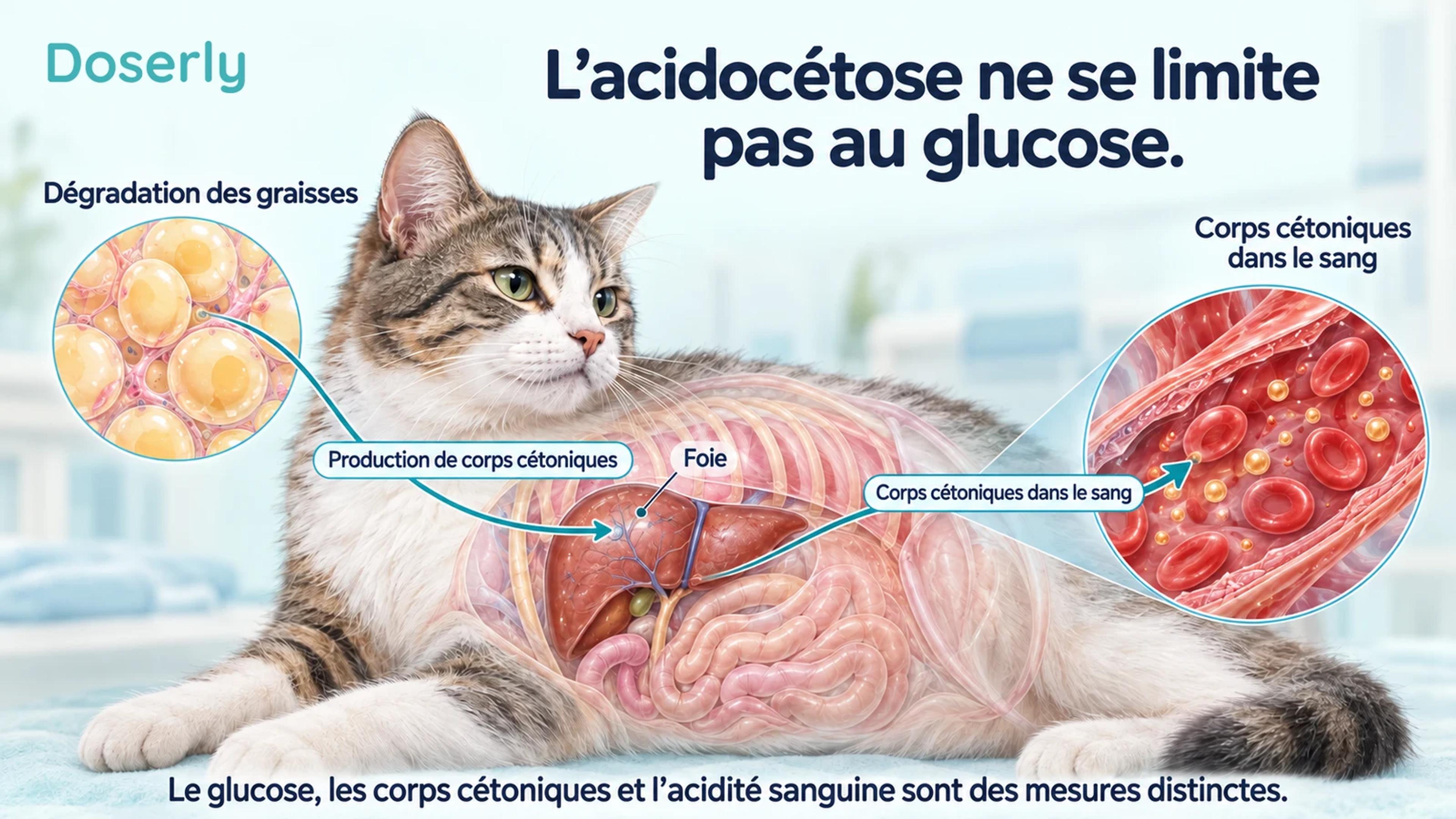 Un chat dont l’abdomen est translucide relie une vue du tissu adipeux en médaillon au foie et à une vue d’un vaisseau sanguin en médaillon.