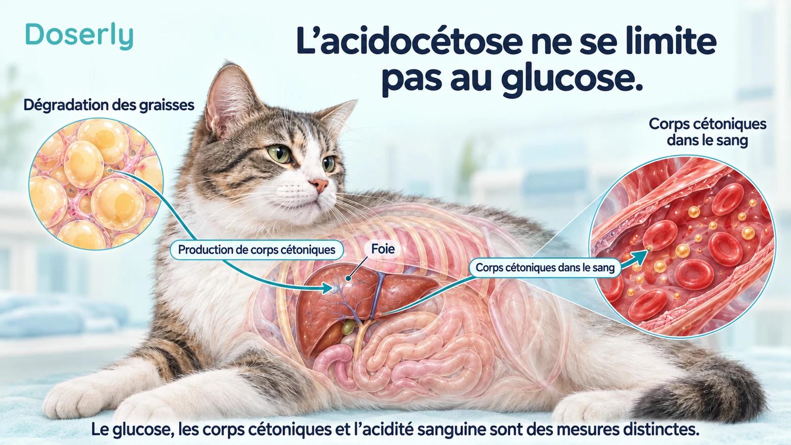 Un chat dont l’abdomen est translucide relie une vue du tissu adipeux en médaillon au foie et à une vue d’un vaisseau sanguin en médaillon.