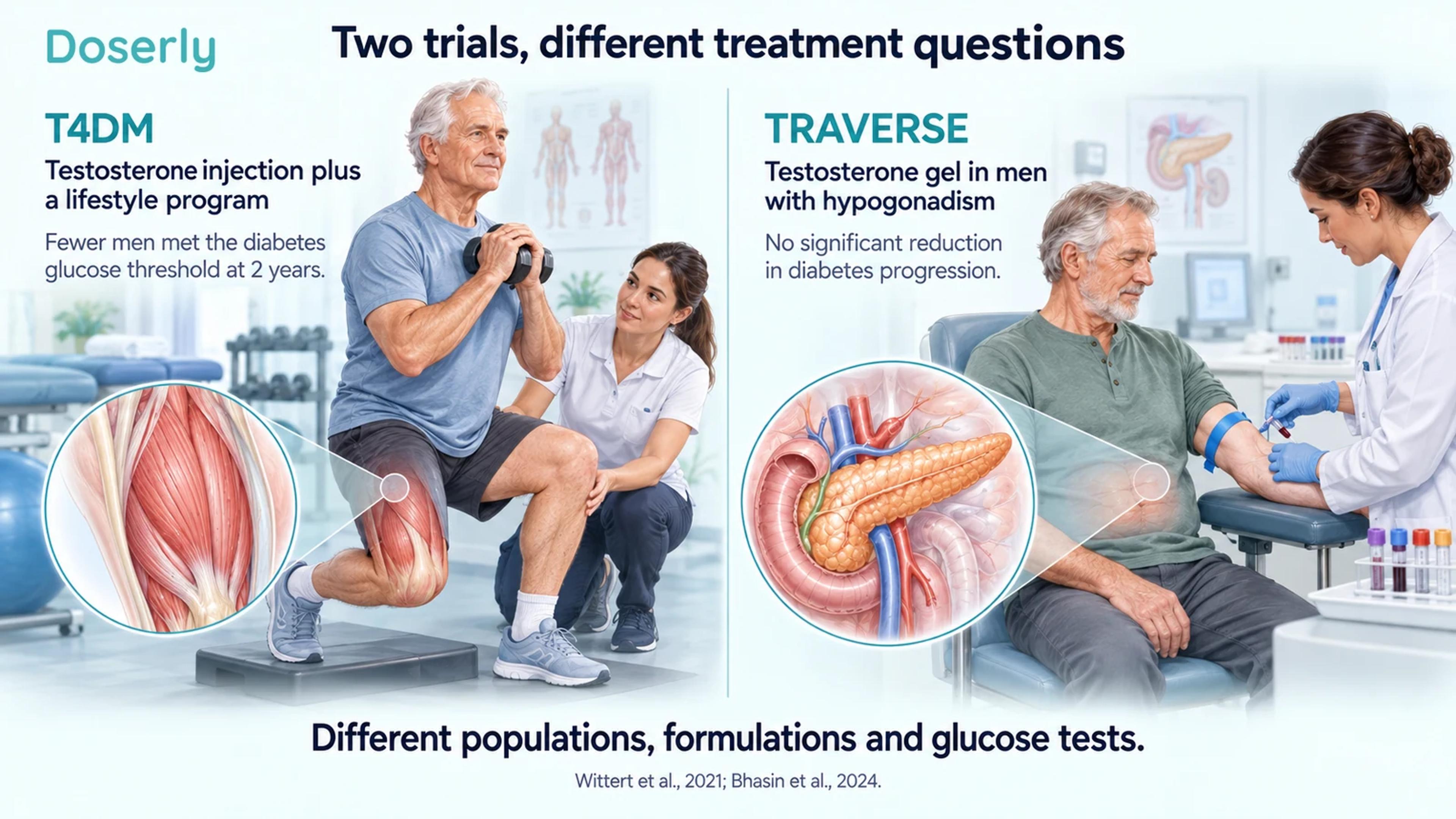 Illustrated comparison of T4DM's testosterone-plus-lifestyle question and TRAVERSE's testosterone-gel diabetes analysis.