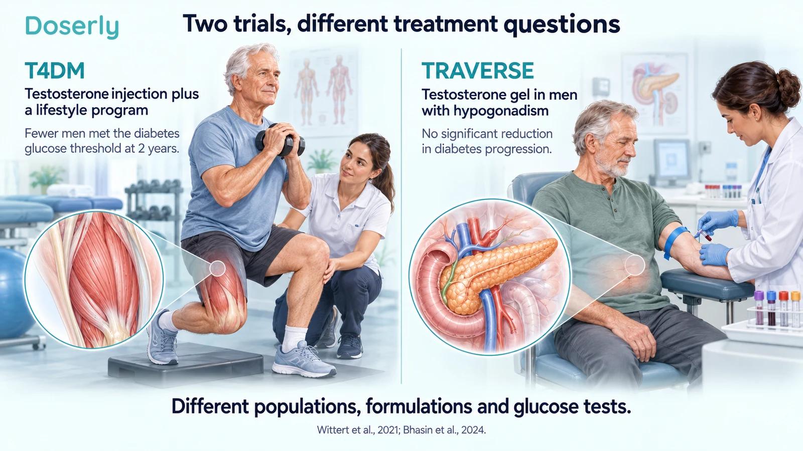 Illustrated comparison of T4DM's testosterone-plus-lifestyle question and TRAVERSE's testosterone-gel diabetes analysis.