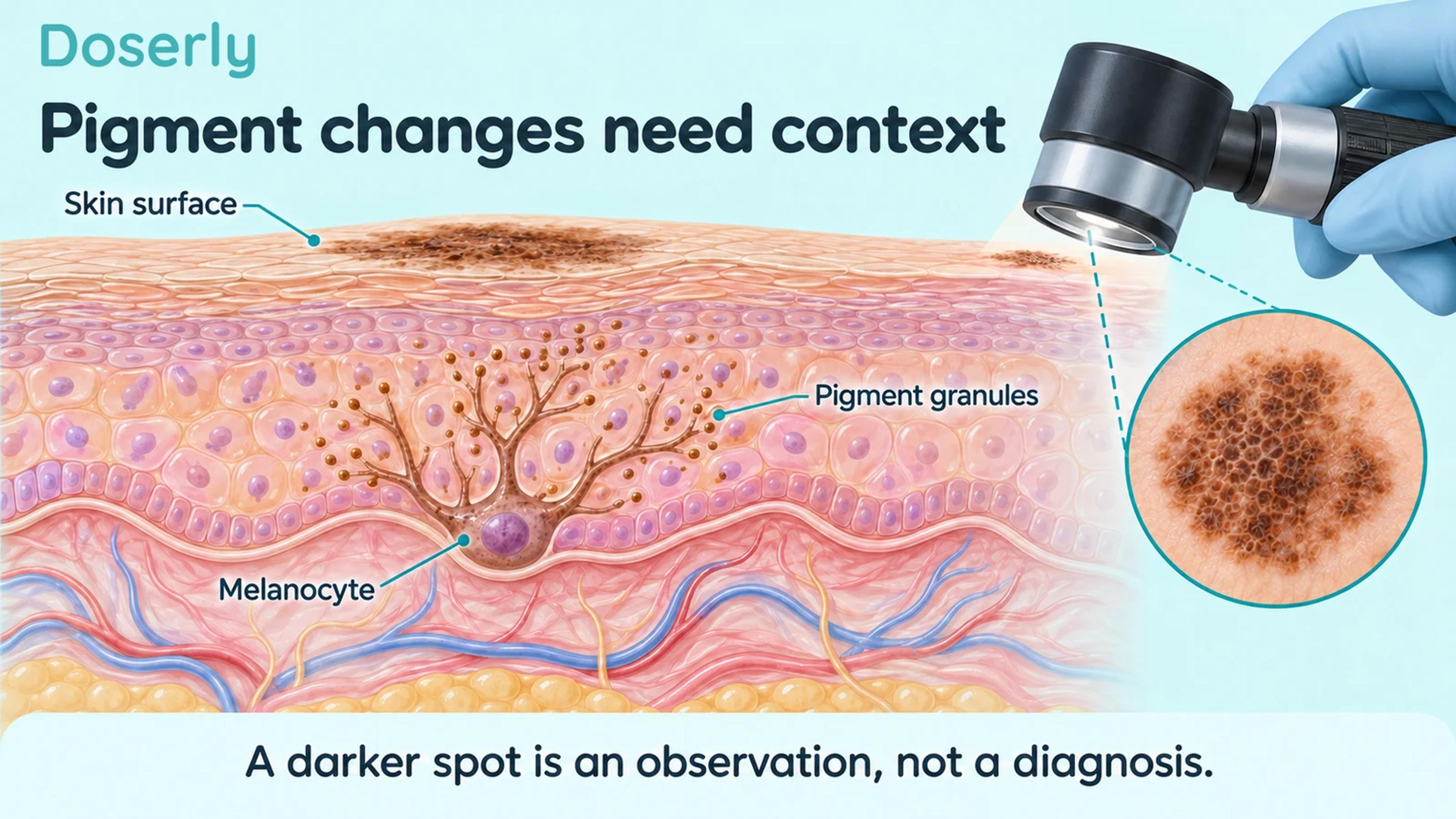 Skin cutaway with pigment-producing cells and an illustrated dermatoscope examining a surface spot.