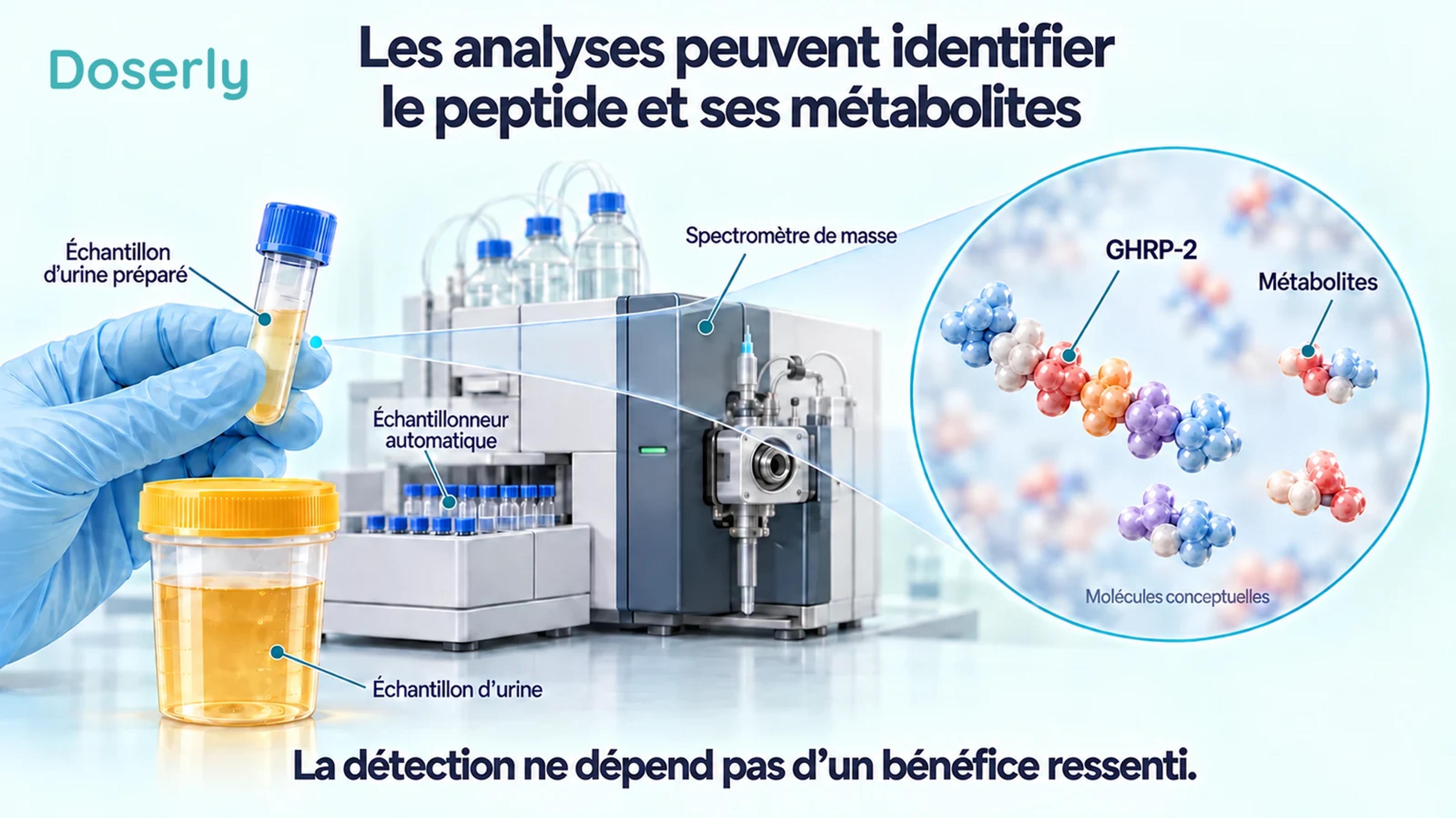 Un échantillon d’urine et du matériel de spectrométrie de masse en laboratoire, à côté de représentations conceptuelles des molécules du peptide et de son métabolite.