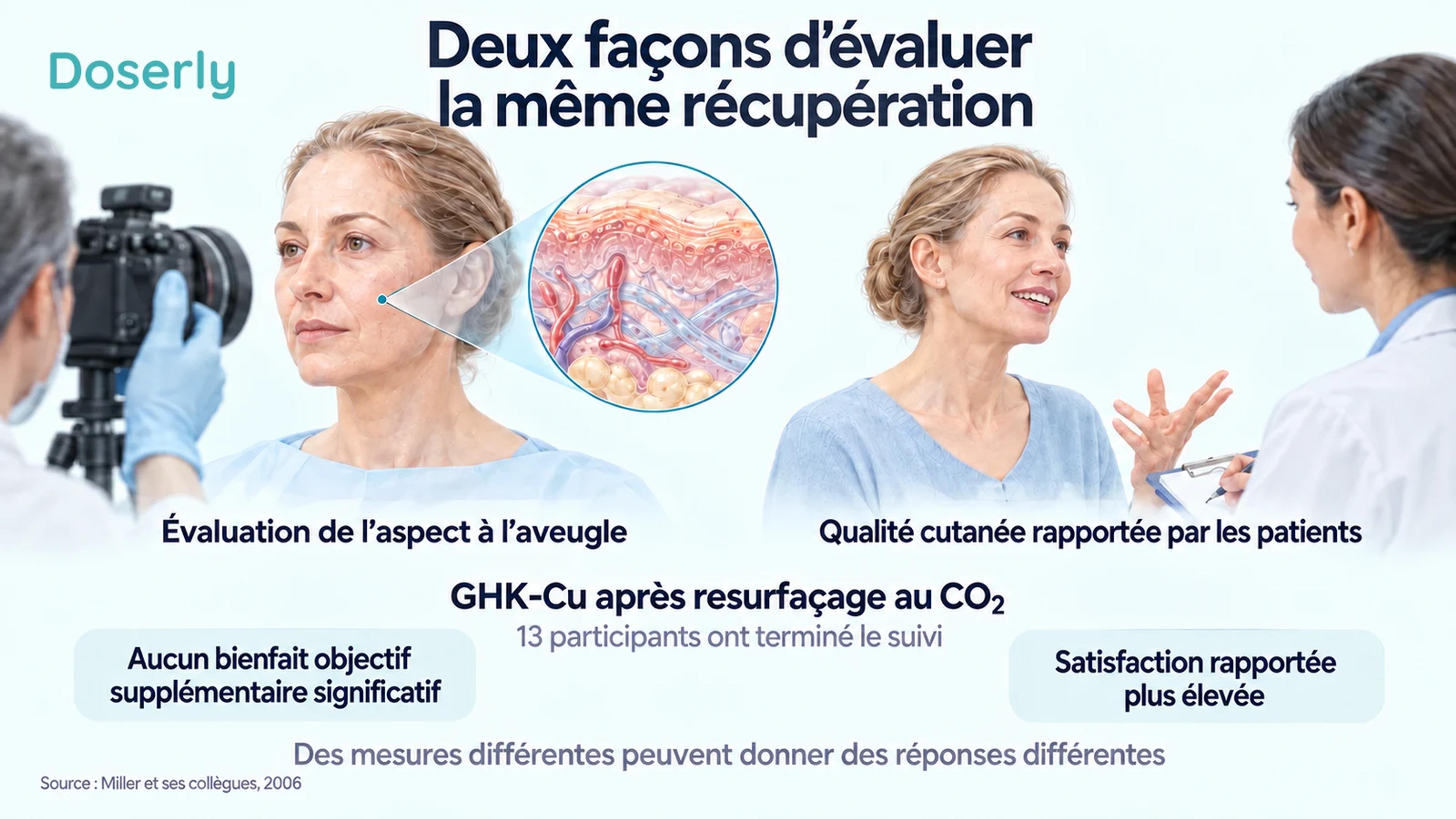 Des photographies cliniques et une consultation illustrent les différences entre les résultats objectifs et ceux rapportés par les patients dans l’essai.