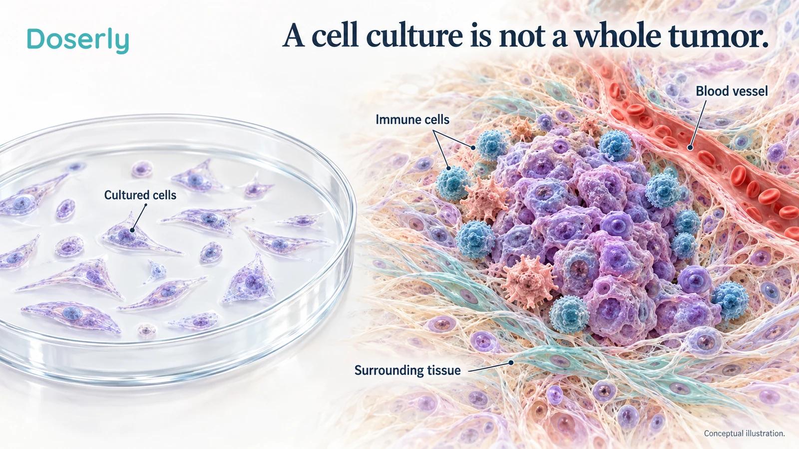 Isolated cells in a culture dish are contrasted with a conceptual tumor surrounded by immune cells, a blood vessel and supporting tissue.
