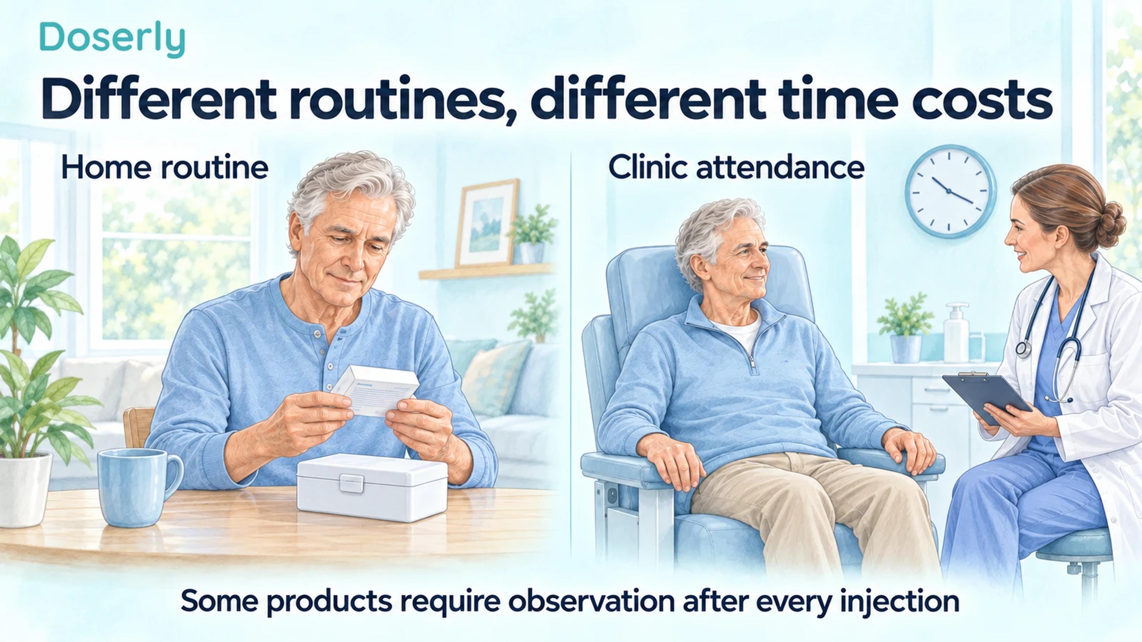 Two illustrated care settings show an adult man managing medicine at home and attending a clinic with an observation chair and clock.