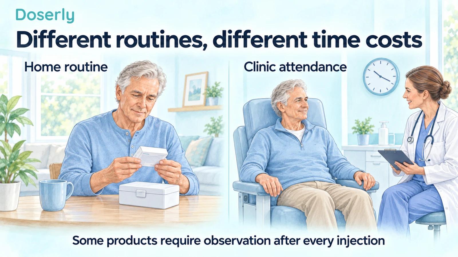 Two illustrated care settings show an adult man managing medicine at home and attending a clinic with an observation chair and clock.