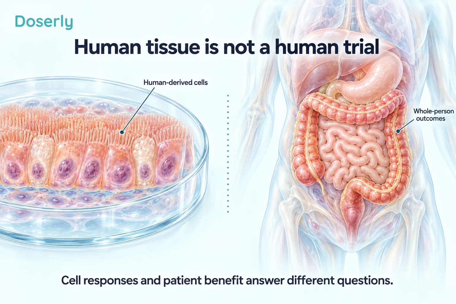 Human-derived intestinal cells in a culture dish beside a translucent torso showing digestive anatomy.