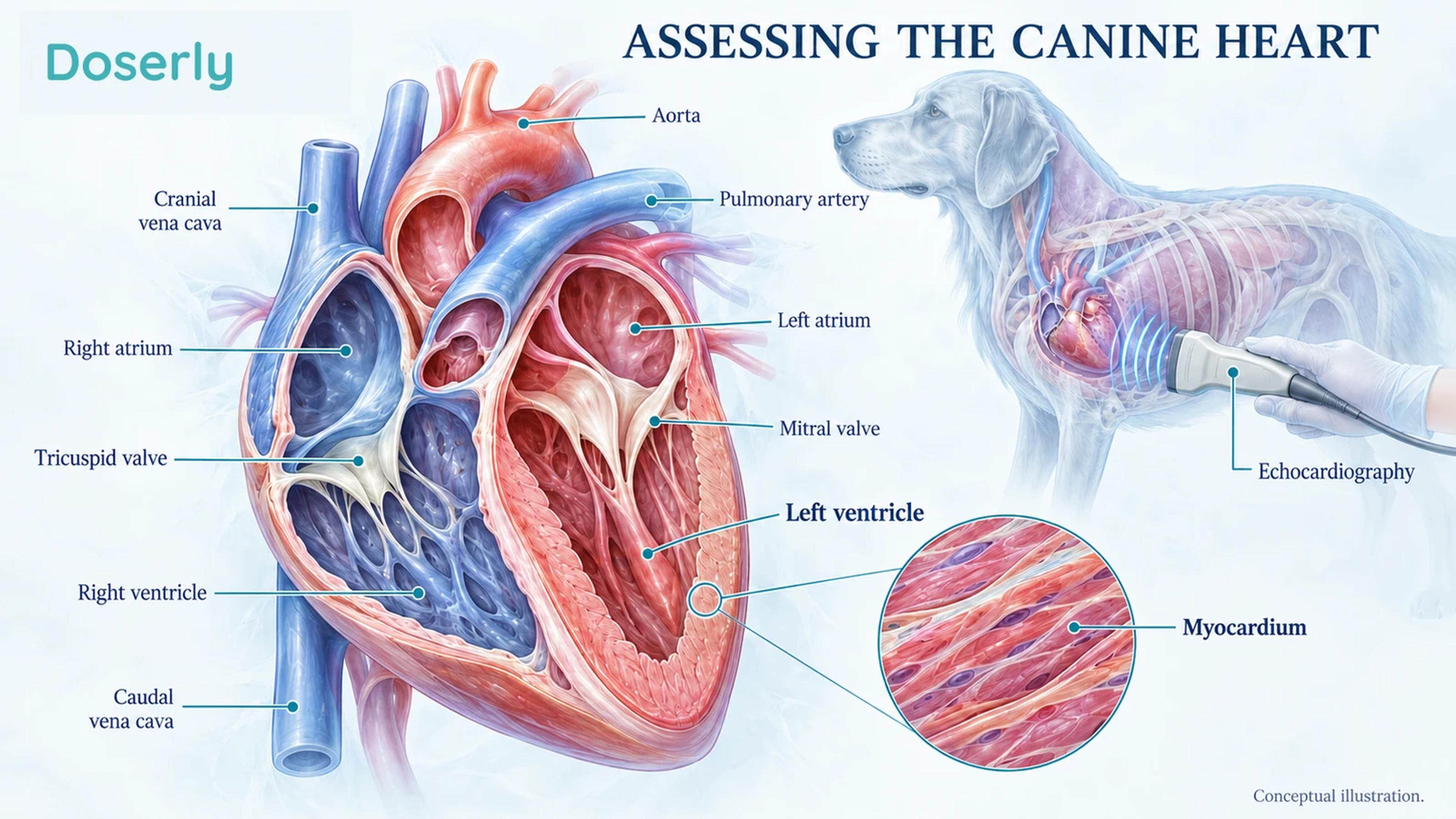 Canine heart cutaway with chambers and muscle wall beside an ultrasound probe and conceptual cardiac assessment view