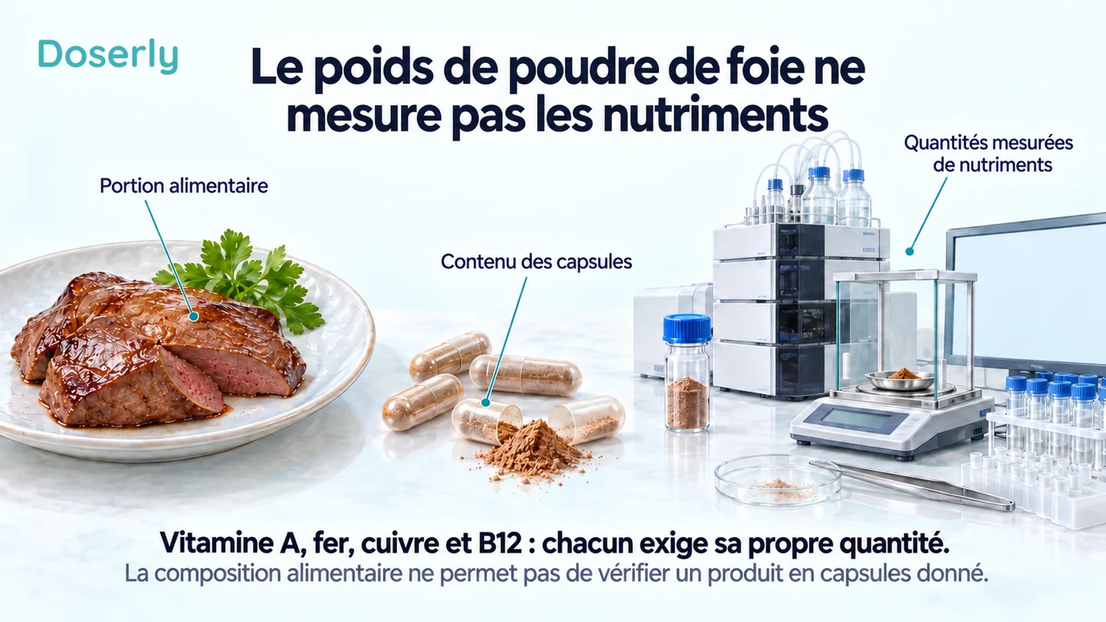 Foie cuit, capsules et poudre à côté d’appareils de mesure de laboratoire, sans résultat de test affiché.