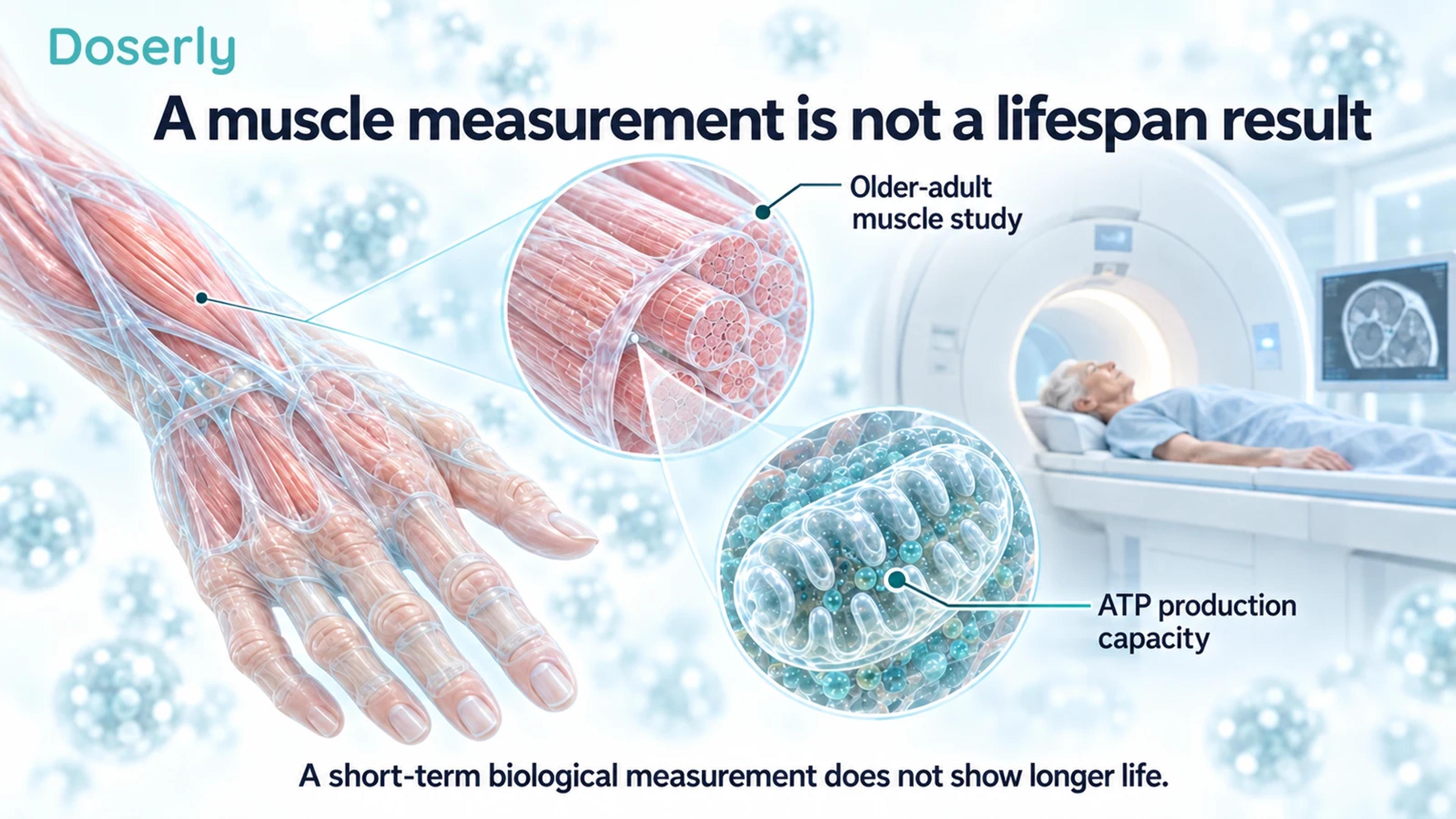 Detailed hand-muscle and mitochondrial illustration explaining a short-term ATP-capacity measurement in older adults.