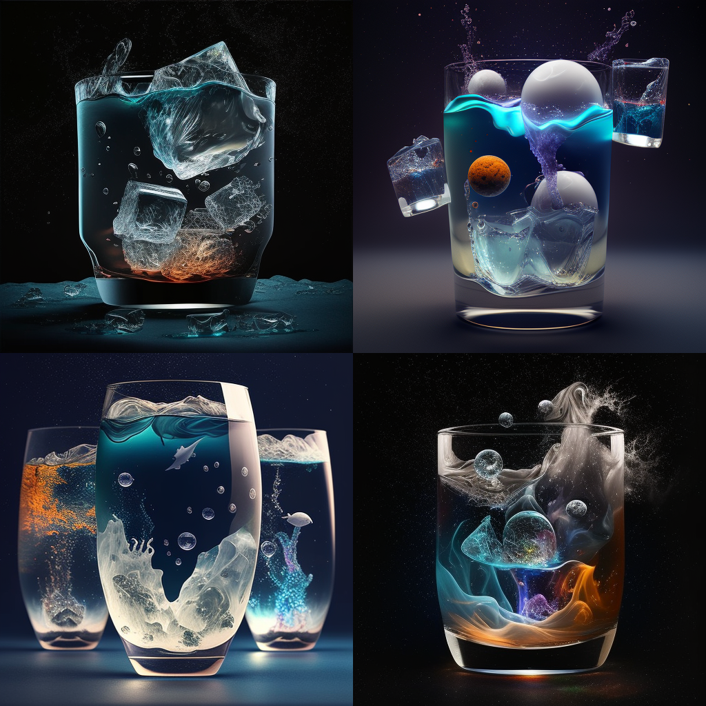 4 ice cubes, in a glass of water, the glass is floating in the deep space