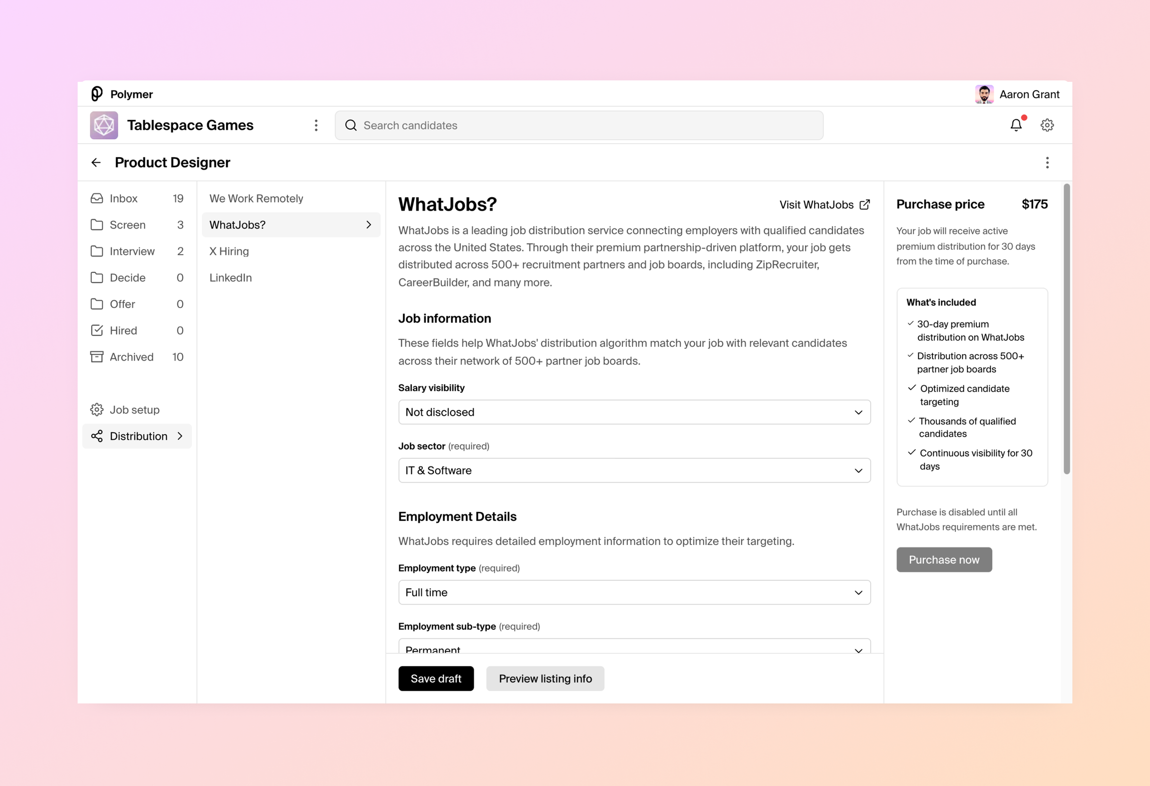 Distribution tab showing WhatJobs form