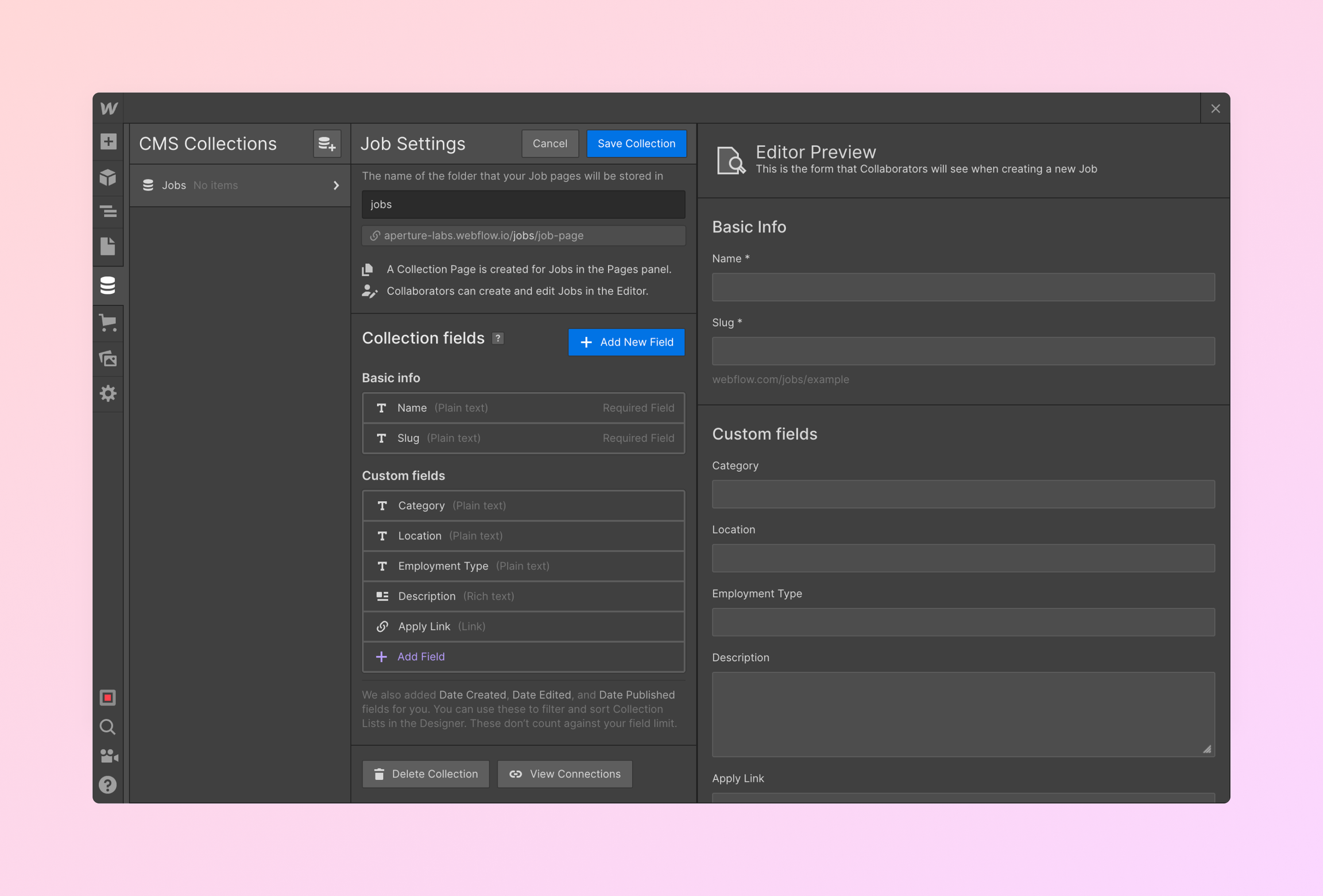 the Create Collection view in Webflow
