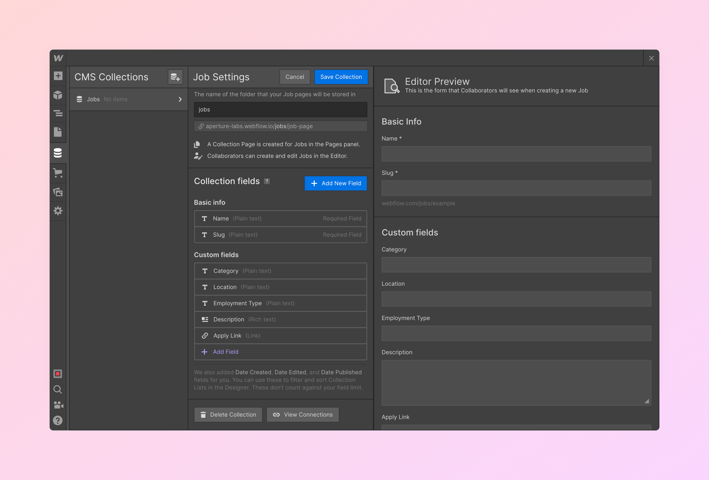 the Create Collection view in Webflow