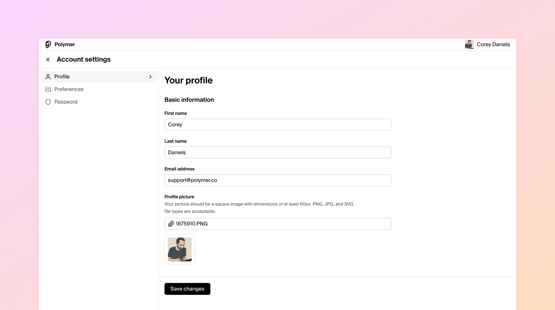 The Polymer profile page section within user account settings