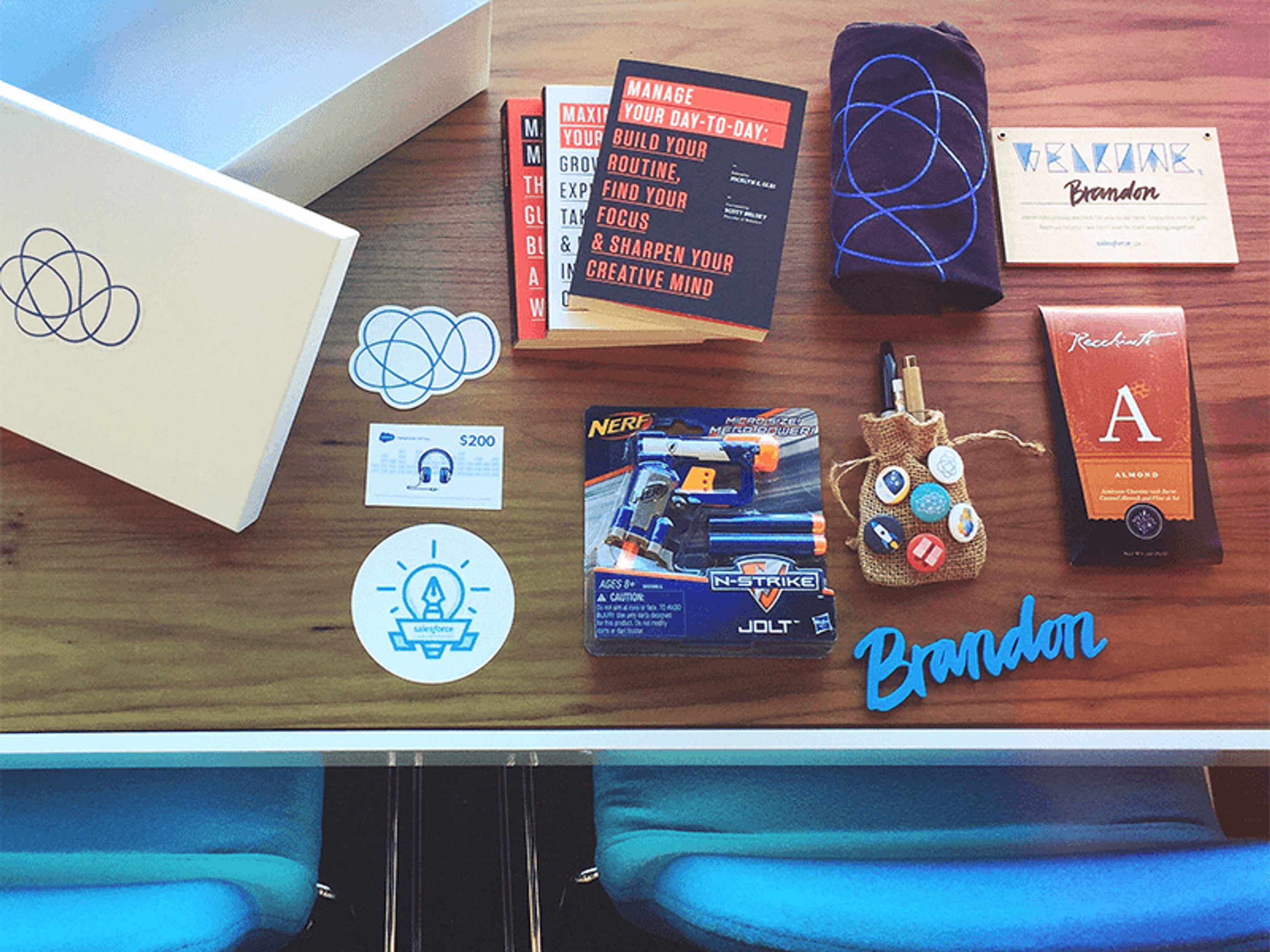 Image of personalized welcome package new employees receive at Salesforce
