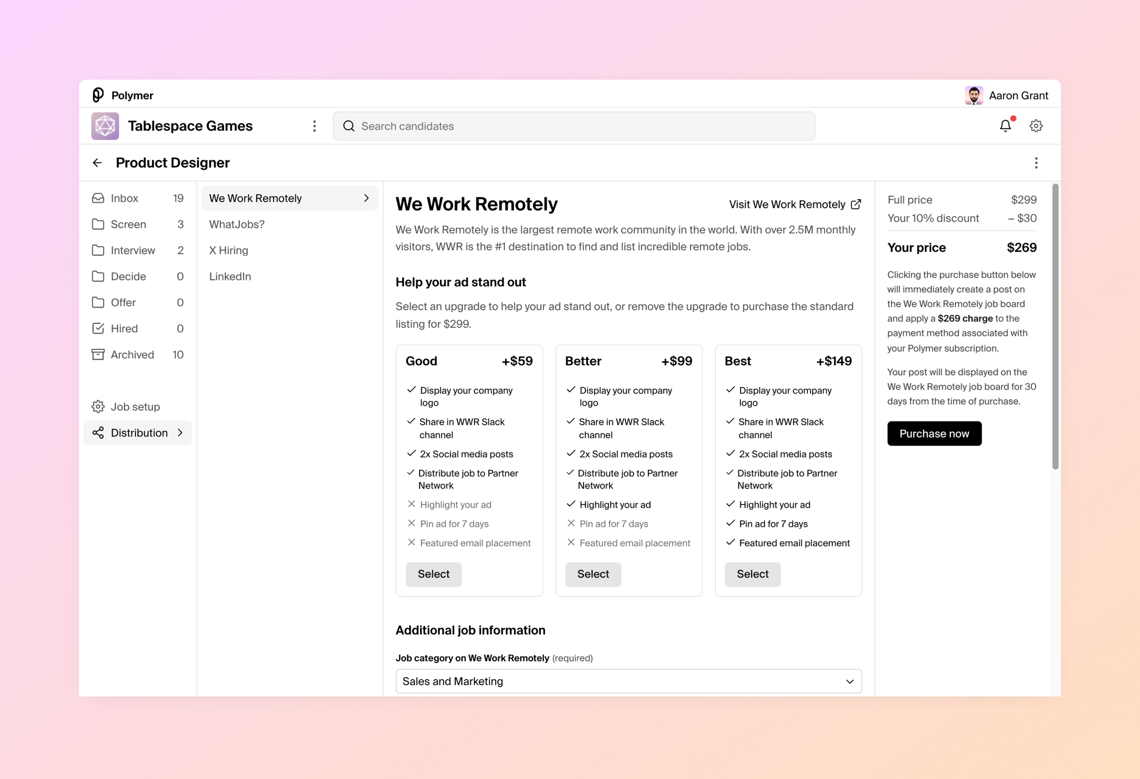 Screenshot of Distribution tab showing WWR form with pricing options and company summary field
