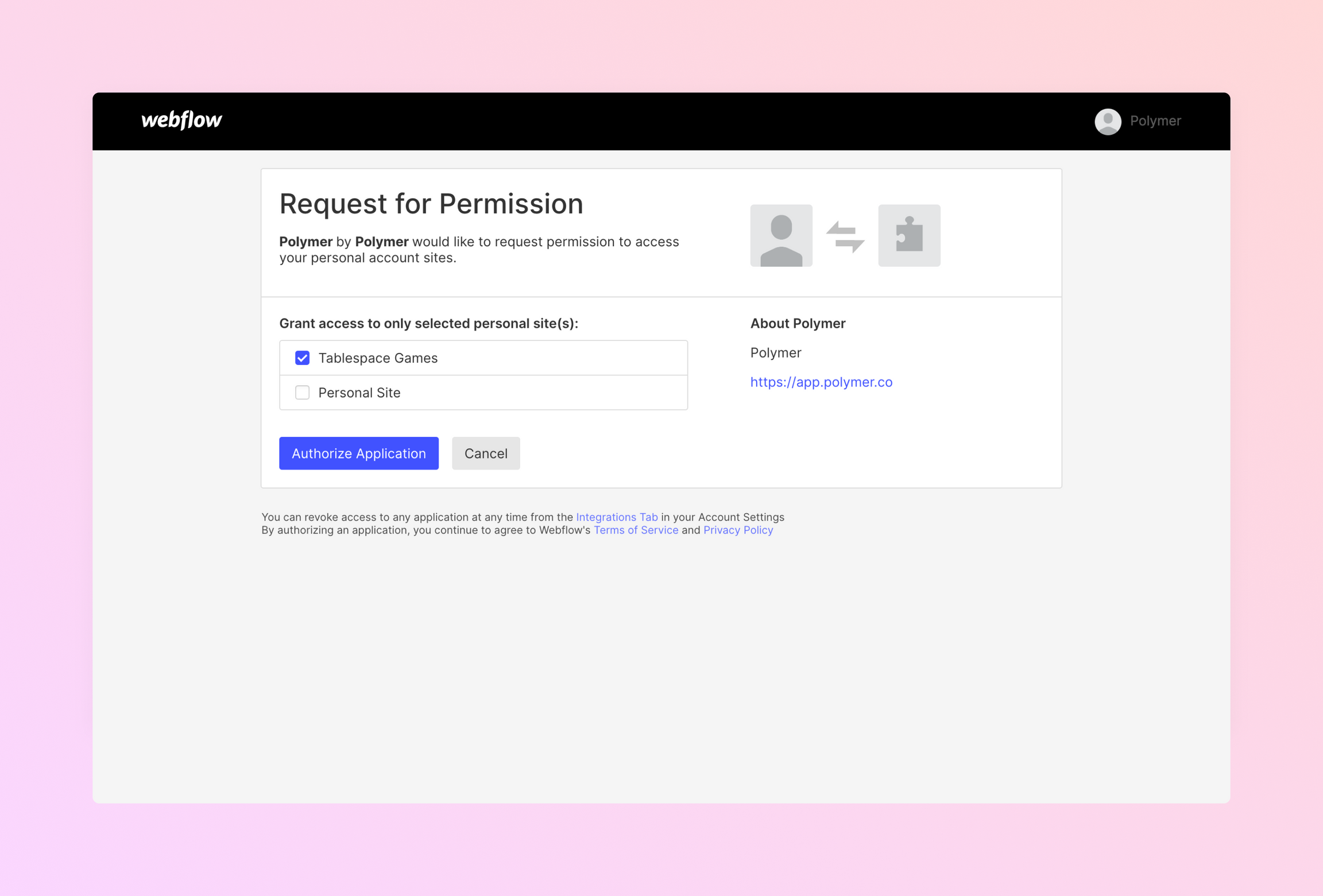 the Request for Permission screen in Webflow
