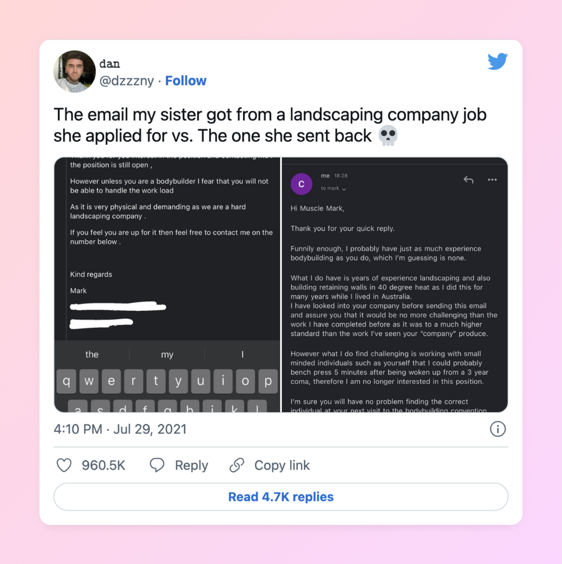Screenshot of a viral tweet on job rejection email
