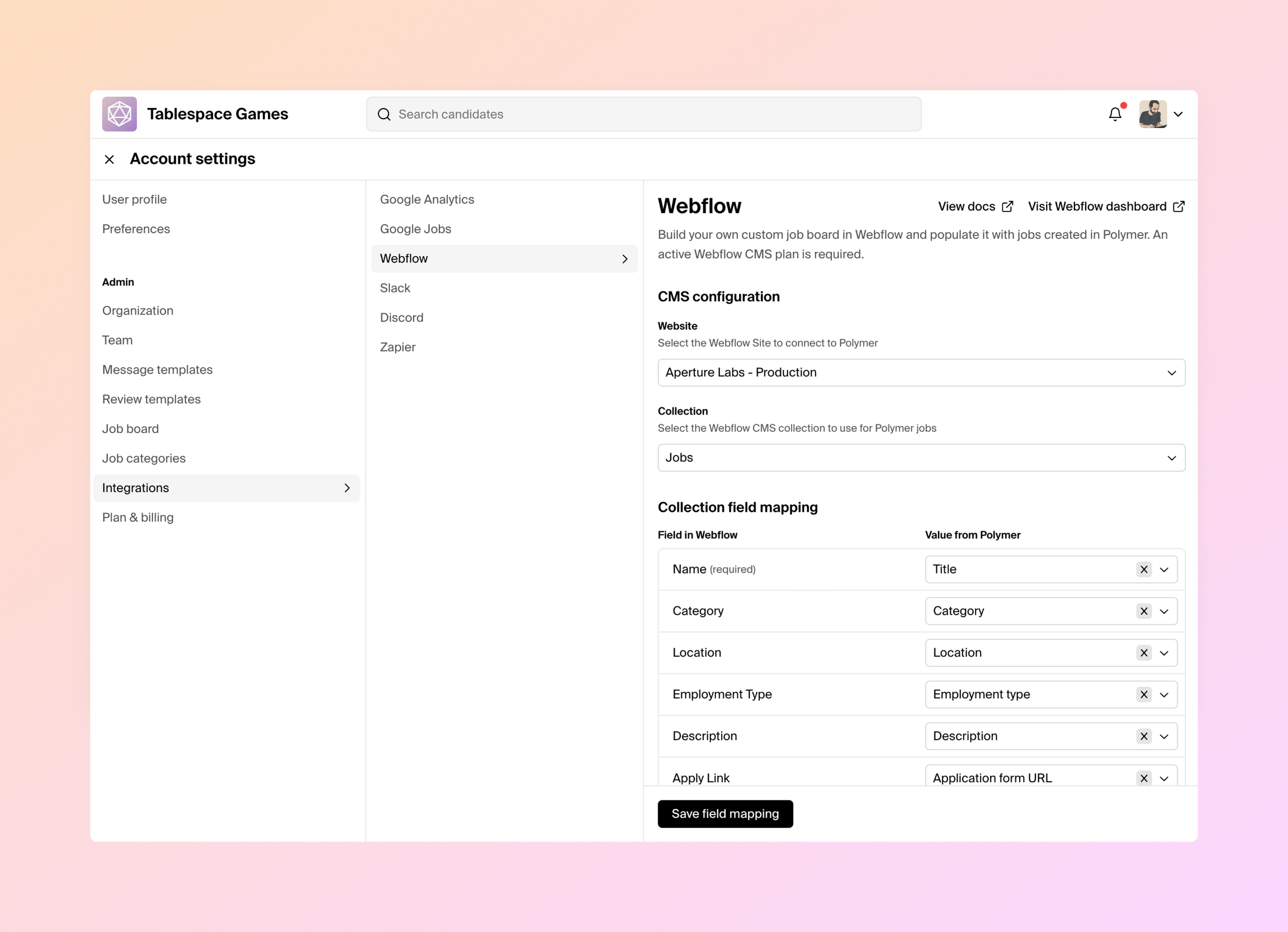 the Webflow configuration screen in Polymer after selecting a collection