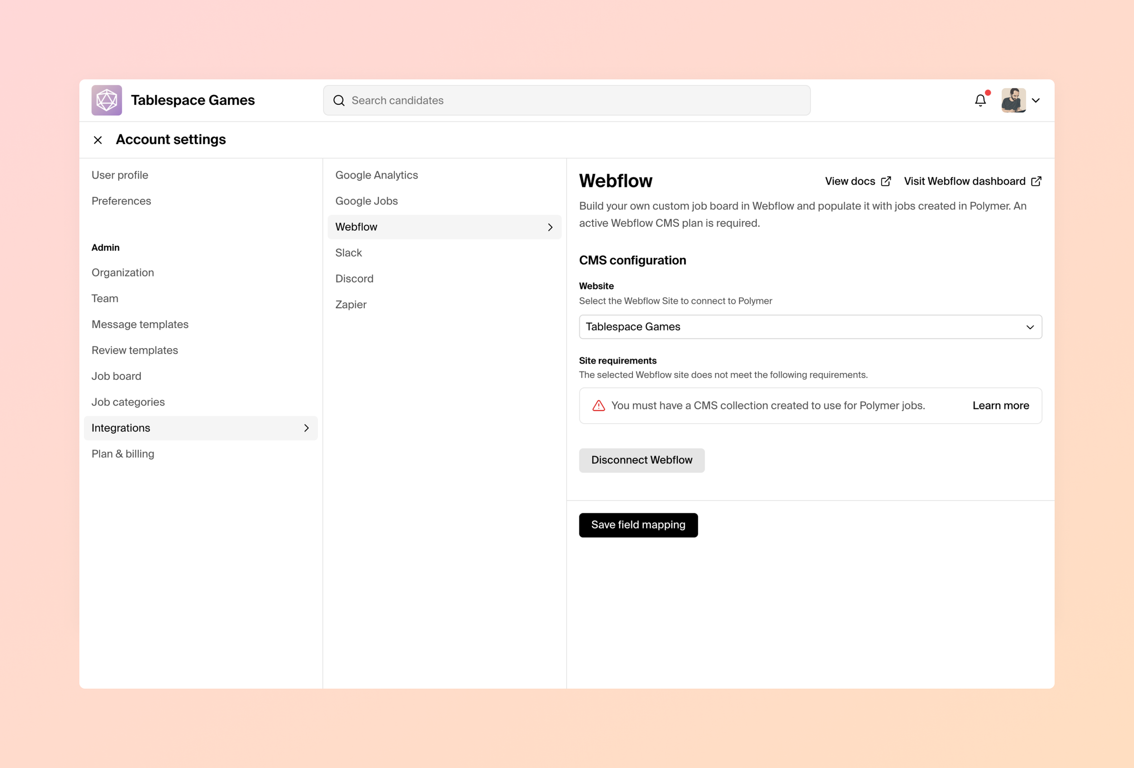 the Webflow configuration screen in Polymer after connecting a site