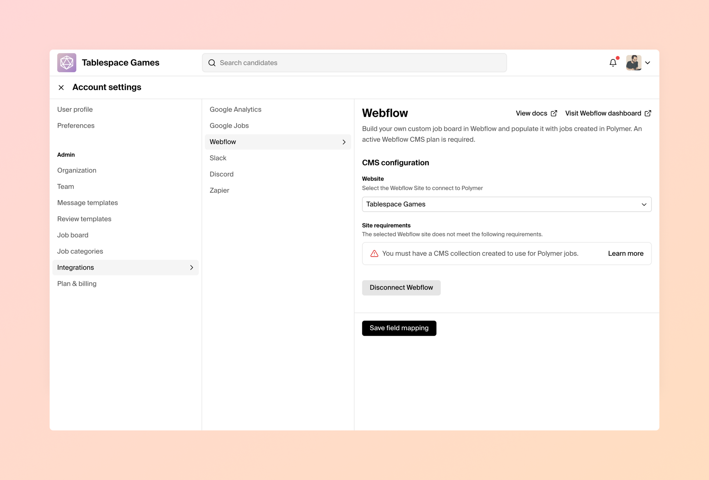 the Webflow configuration screen in Polymer after connecting a site