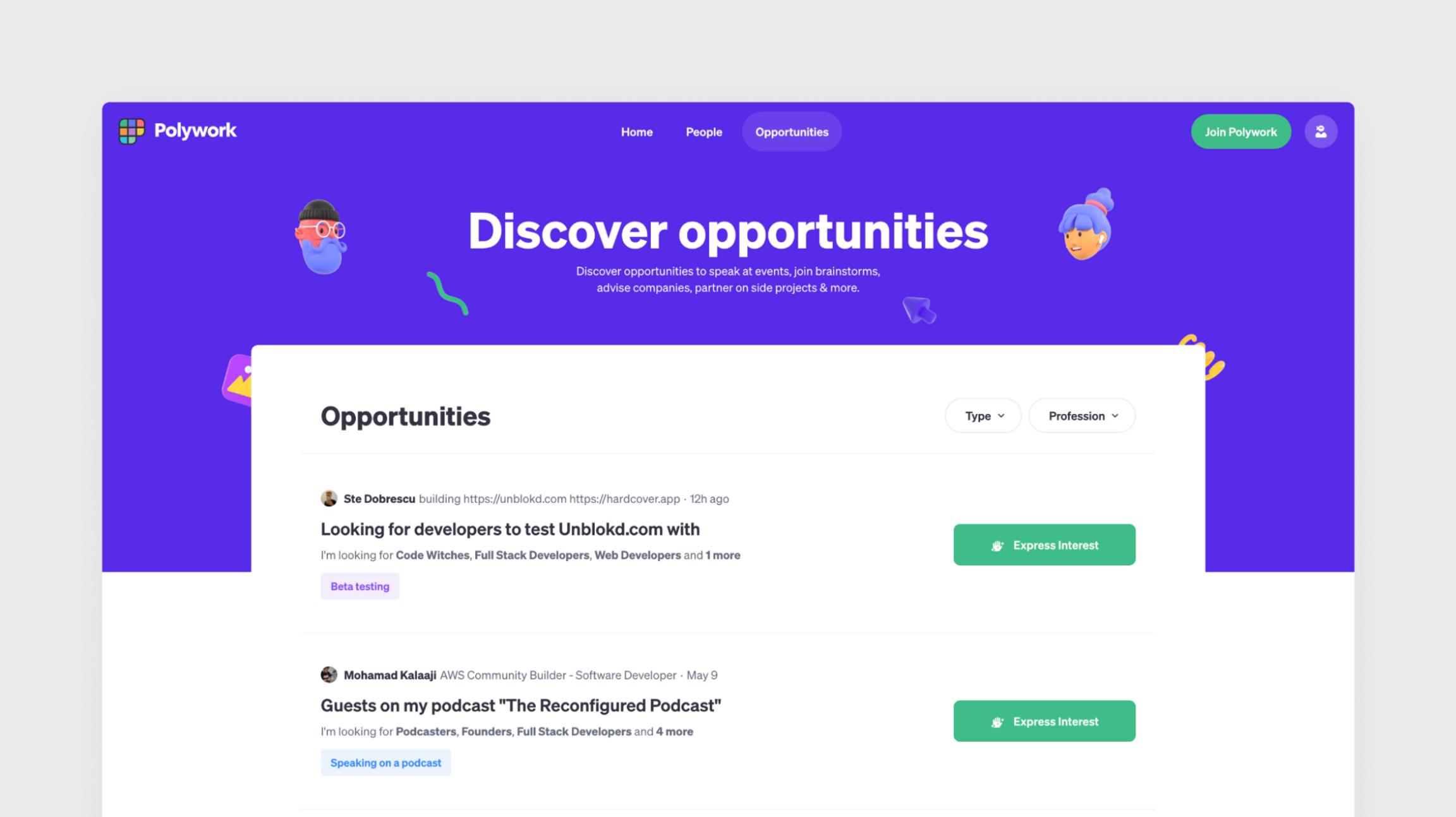 Polywork opportunities page screenshot