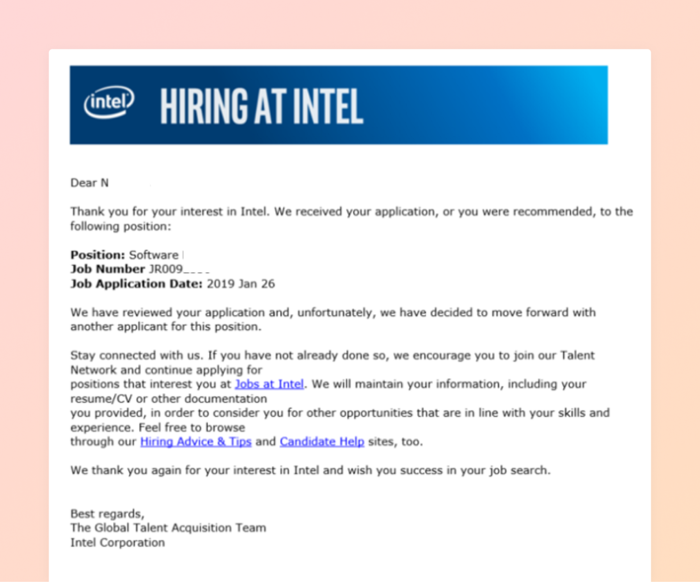 Screenshot of Intel Rejection Email