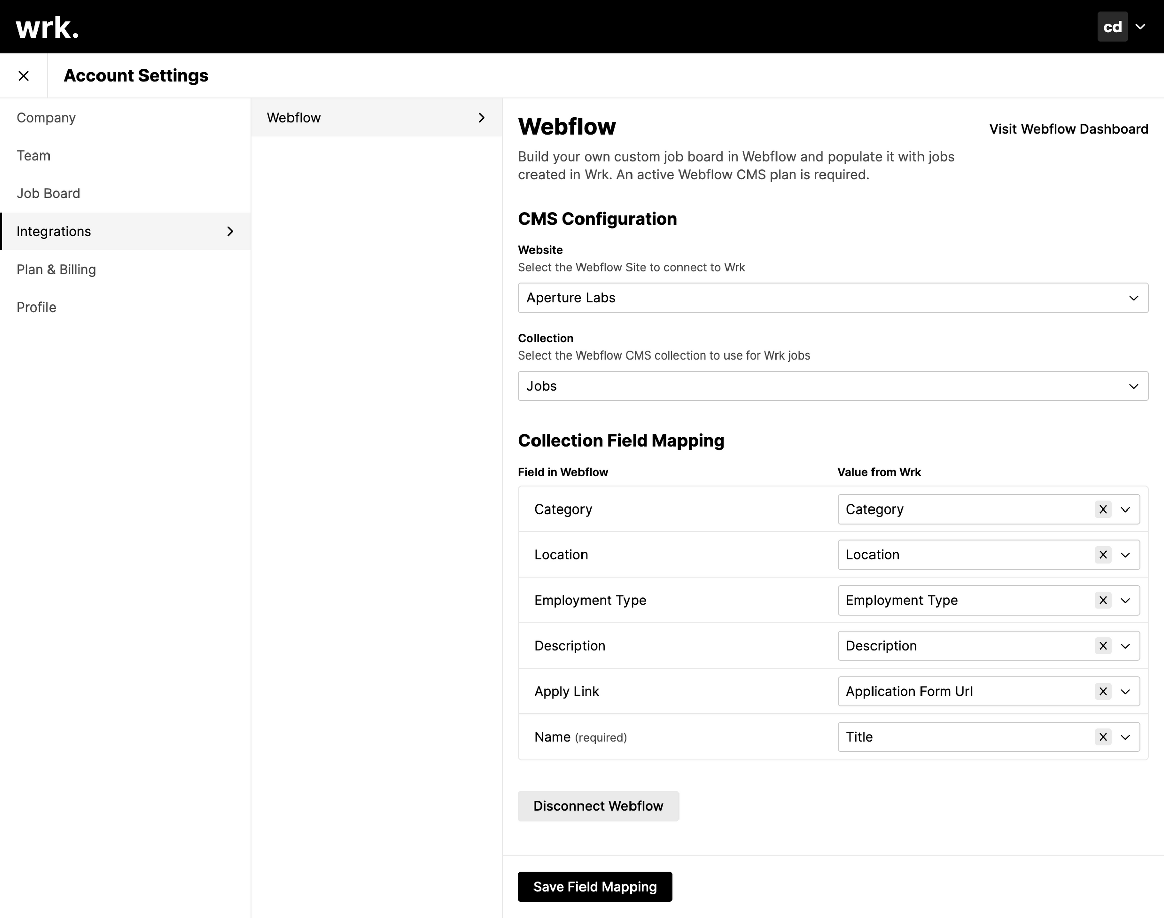 the Webflow configuration screen in Wrk after selecting a collection